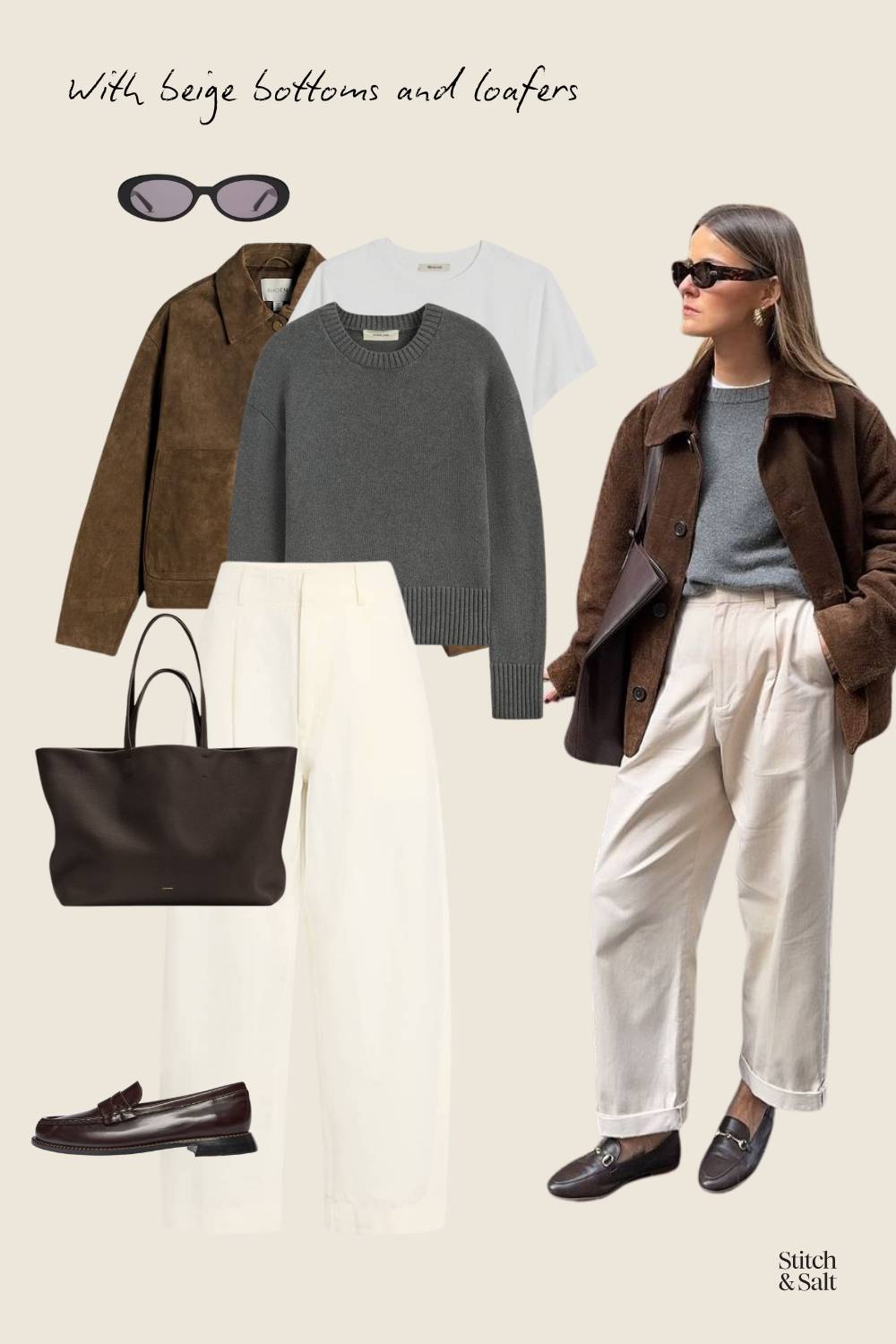 gray sweater outfit idea with a suede jacket, ecru trousers, and brown loafers