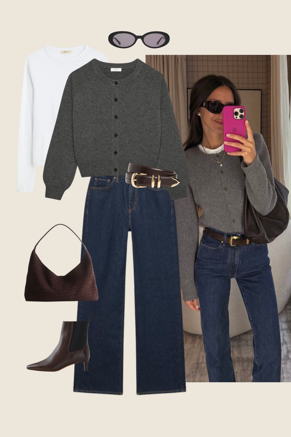 chic winter outfit with a gray button front sweater, dark wash jeans, and brown ankle boots