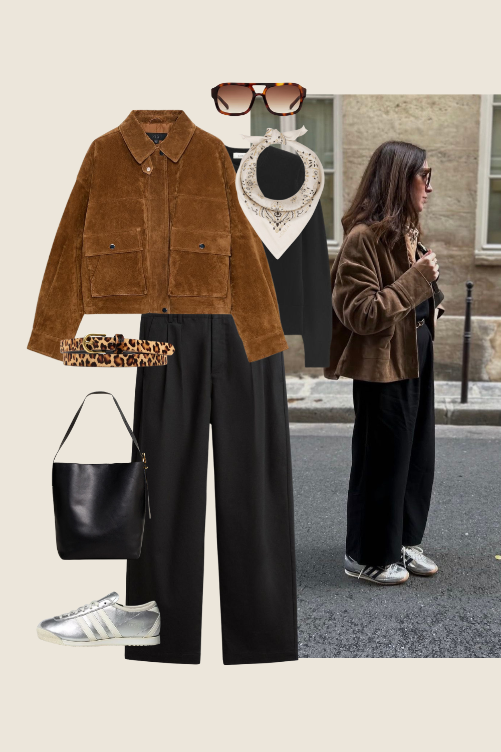winter outfit idea with a suede jacket, black sweater, black pants, and silver sneakers