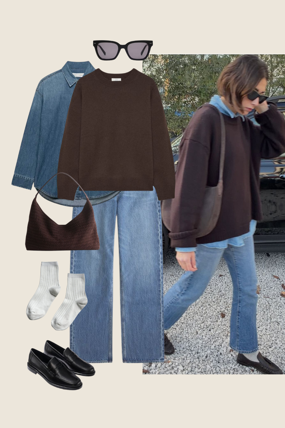 winter outfit idea with a denim button down shirt, brown sweater, jeans, and loafers