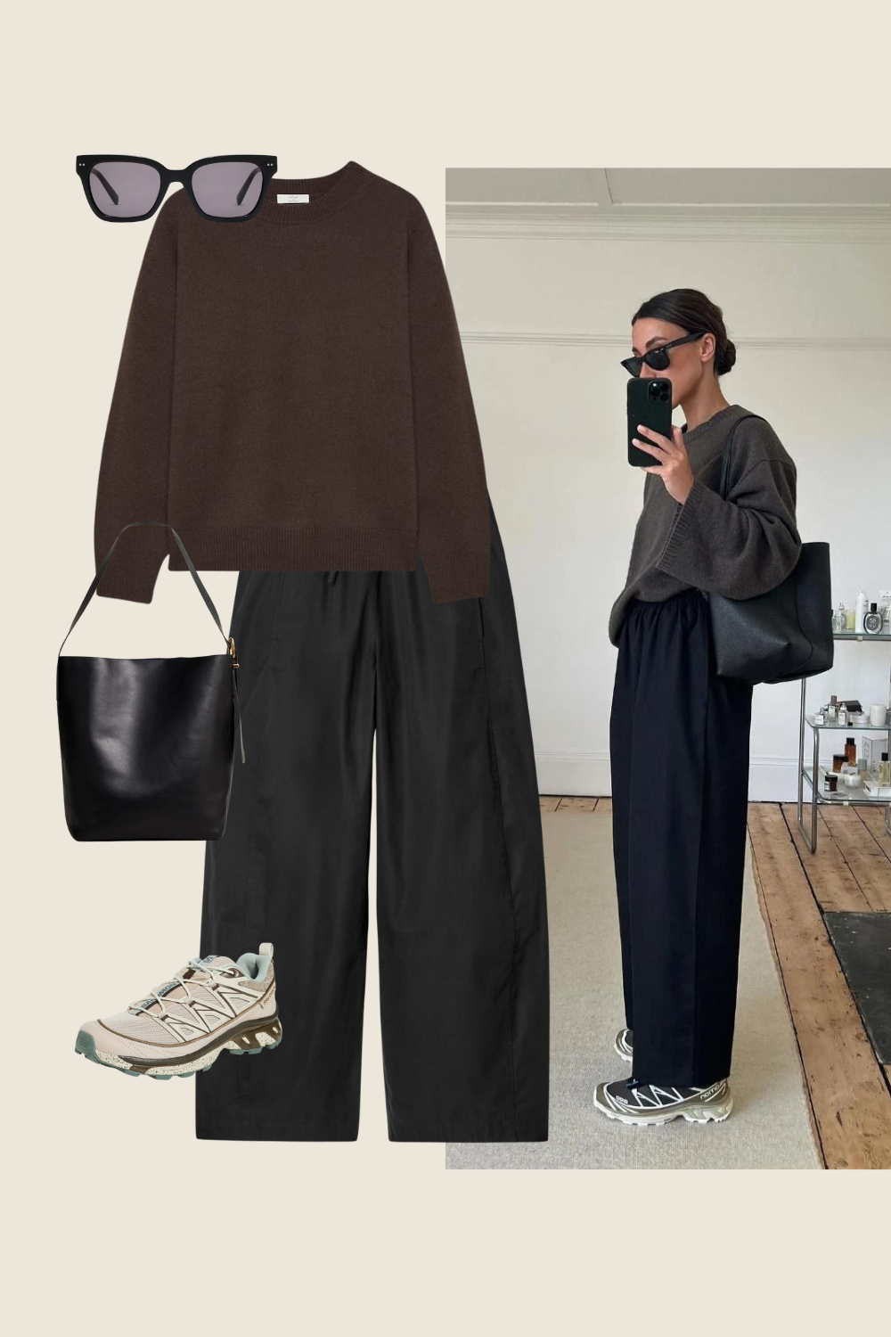 winter outfit with a brown sweater, casual black pants, Salomon sneakers, and black tote bag