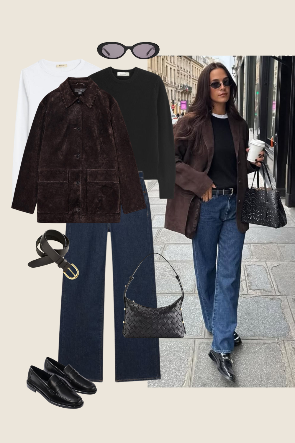 chic winter outfit idea with a black sweater, dark brown suede jacket, dark wash jeans, and black loafers