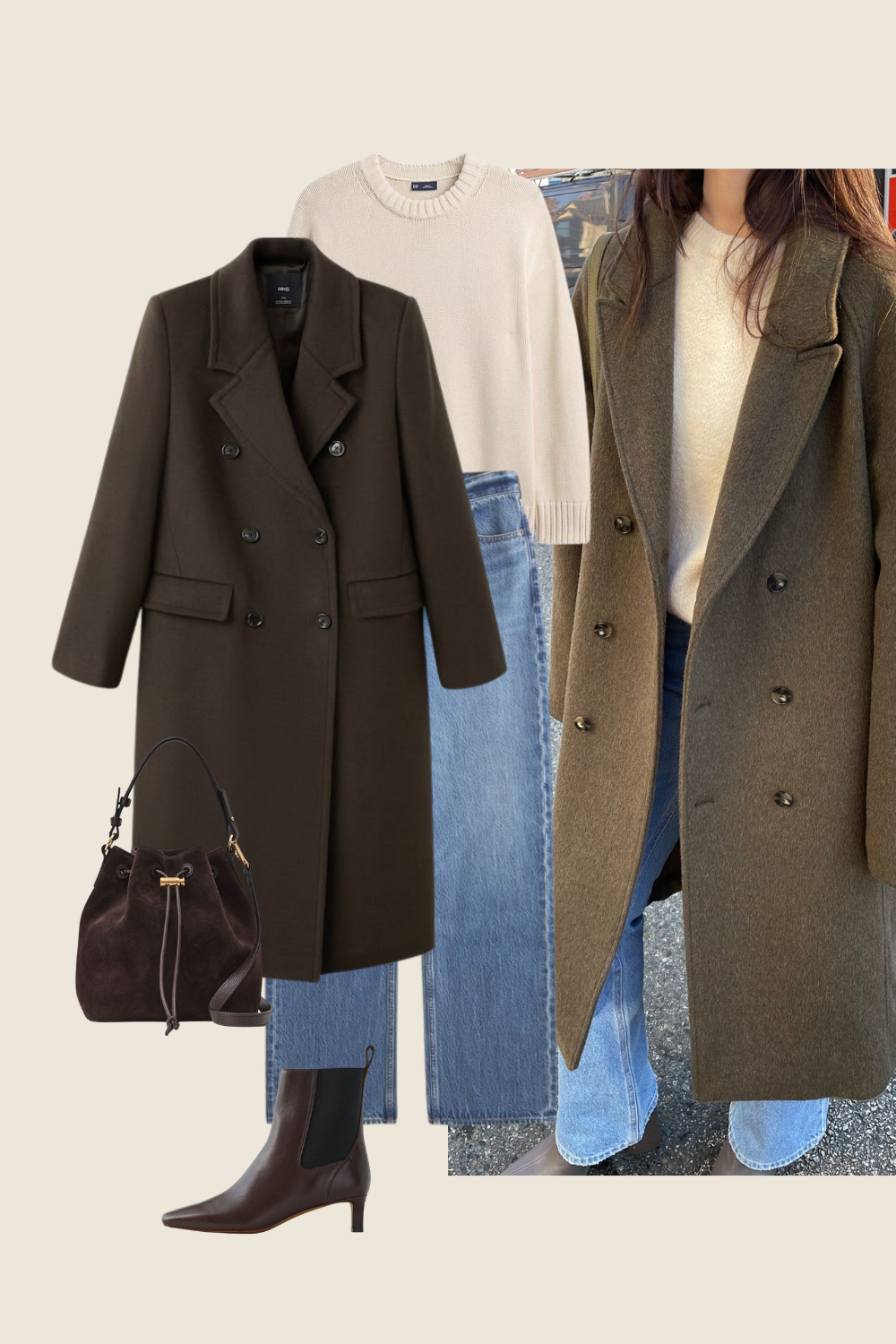 chic winter outfit idea with a cream sweater, olive green coat, light wash jeans, and brown boots