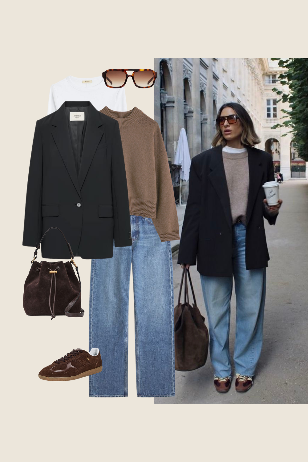 winter outfit with a tan sweater, blazer, light wash jeans, and brown sneakers