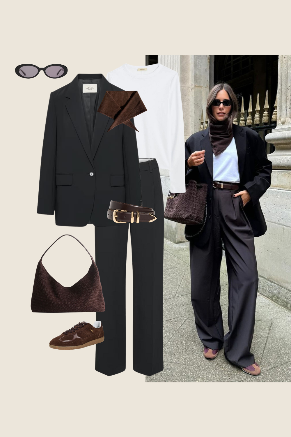 winter outfit idea with a white tee, black blazer, black trousers, and sneakers