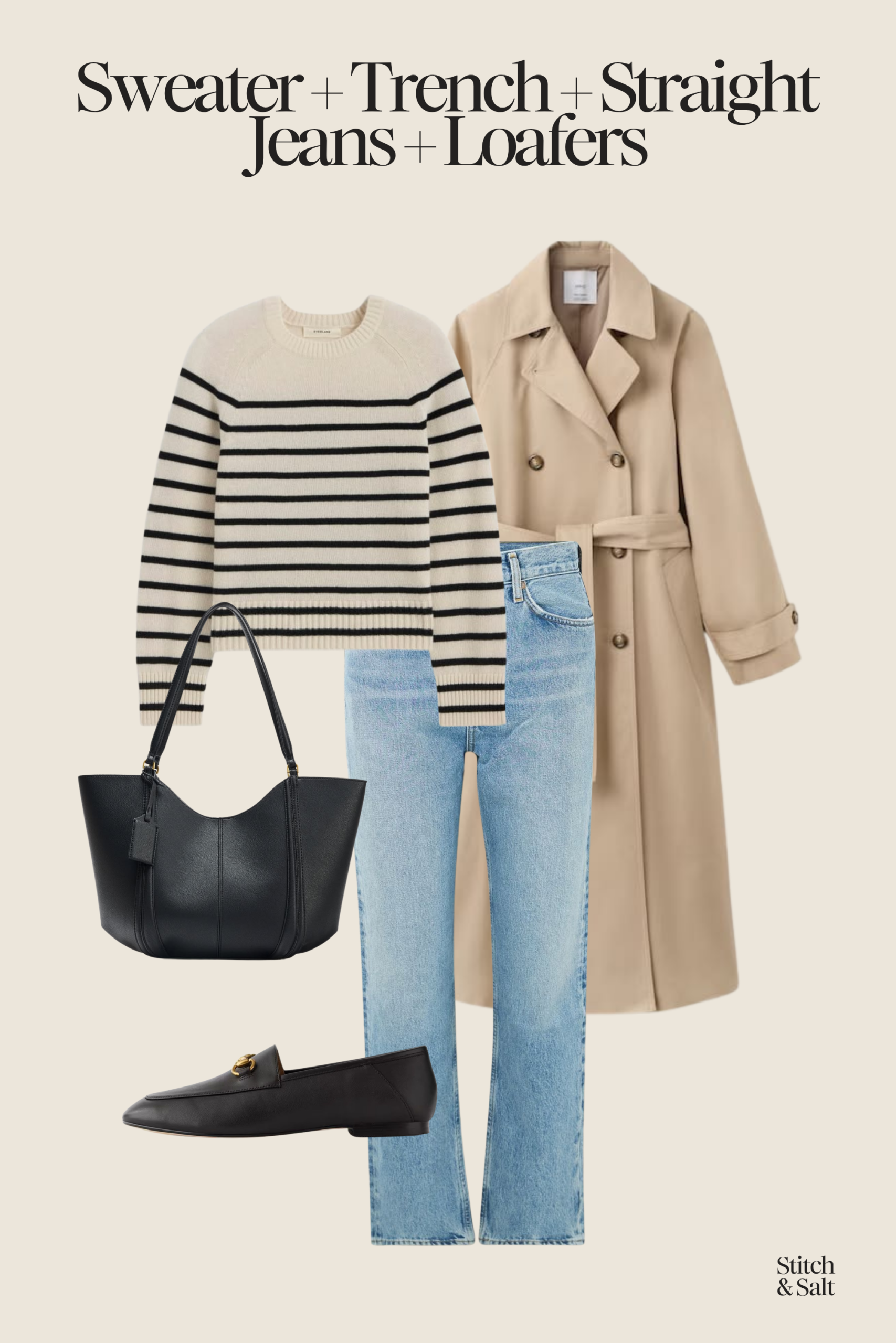 early spring outfit with a striped sweater, tan trench coat, light wash jeans, and black loafers