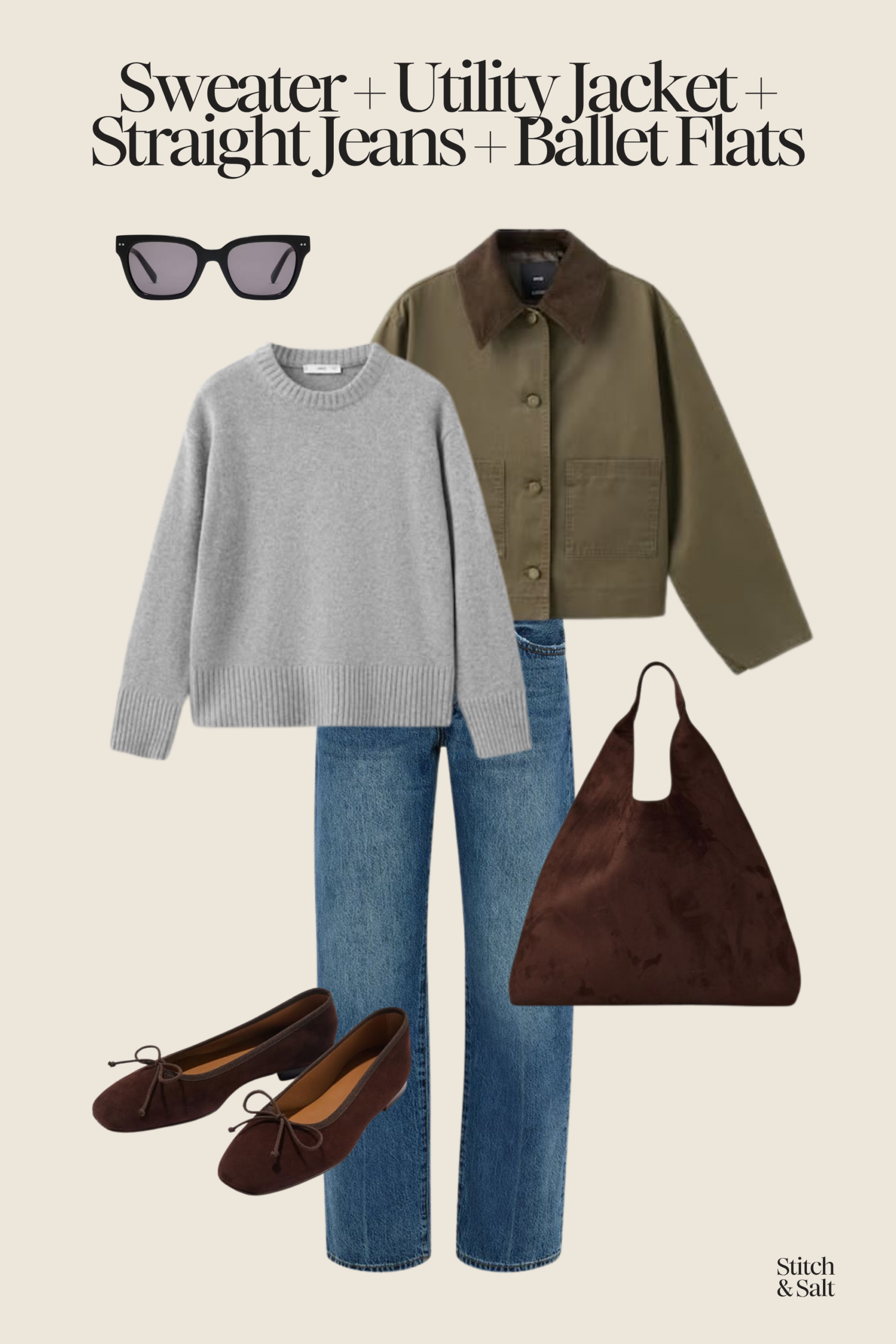 outfit for 50 degree weather with a gray sweater, green barn jacket, straight leg medium wash jeans, and brown suede ballet flats