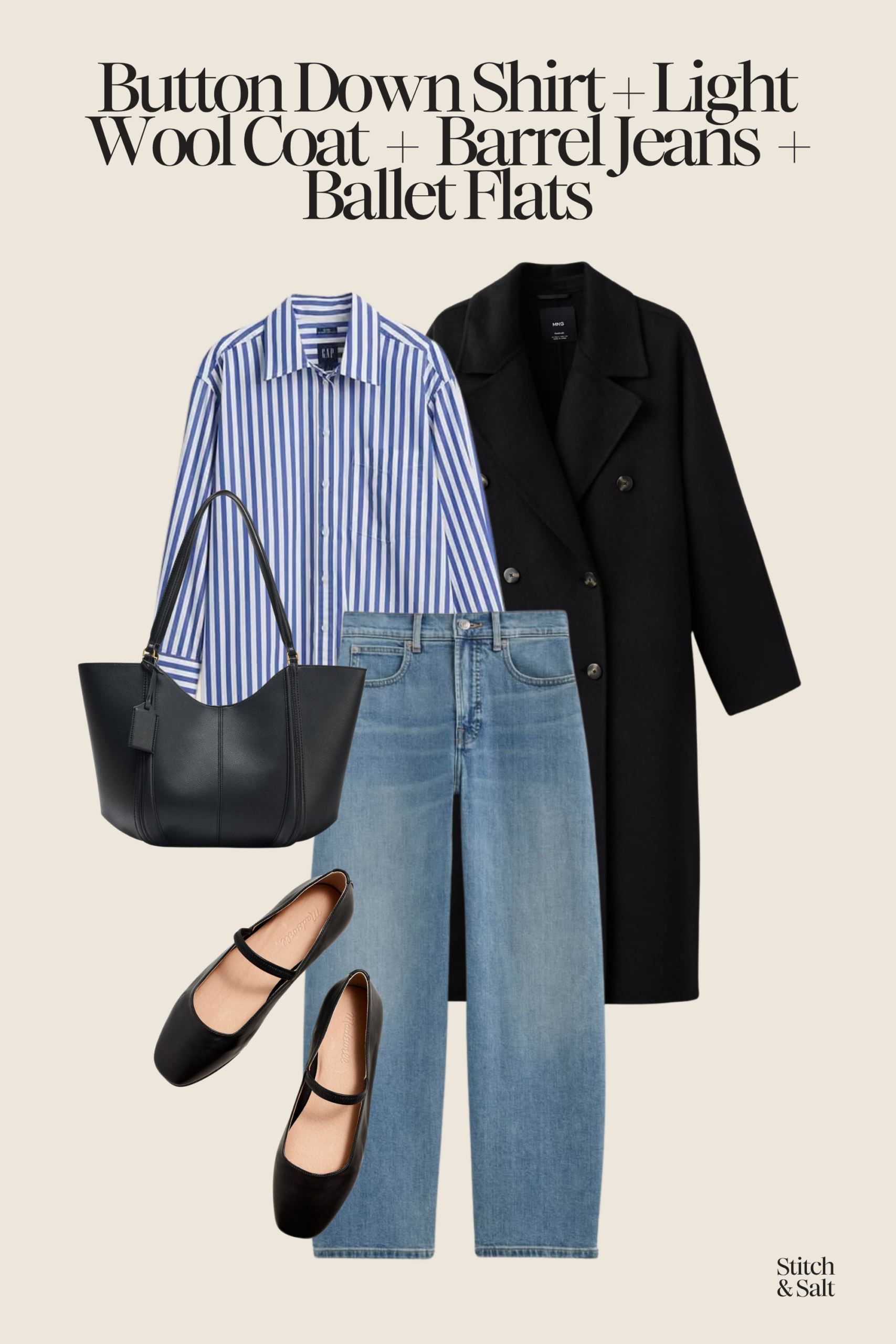 early spring outfit with a blue and white striped button down, black light wool coat, light wash barrel jeans, black ballet flats, and a black tote bag