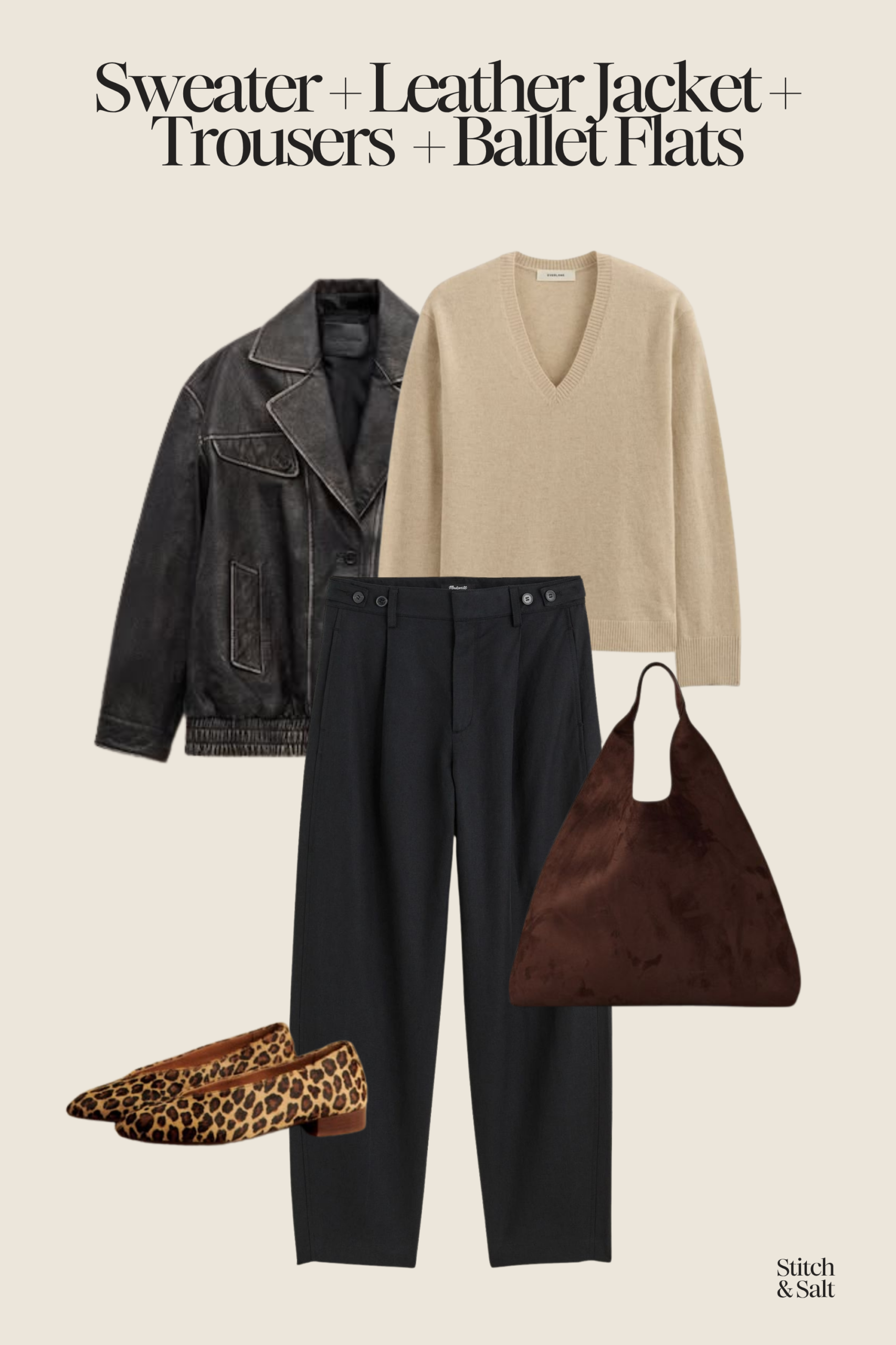 outfit for 50 degrees with a tan v-neck sweater, leather bomber jacket, black trousers, and leopard print ballet flats