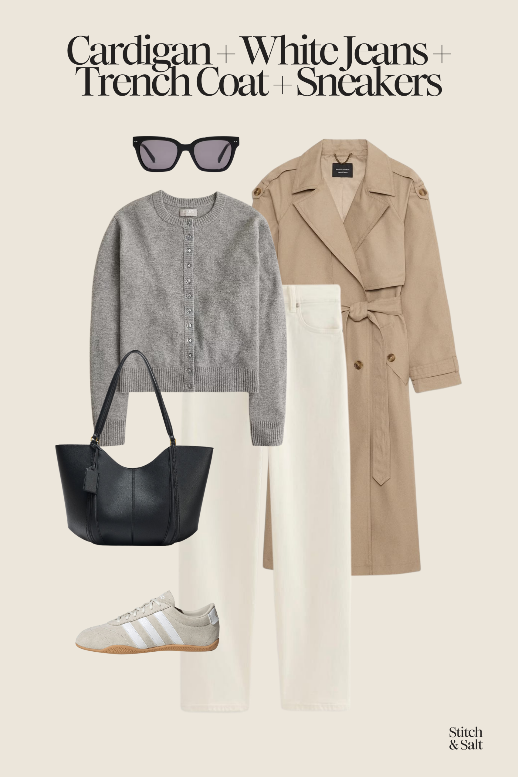early spring outfit with a gray cardigan, ecru jeans, trench coat, and beige sneakers.