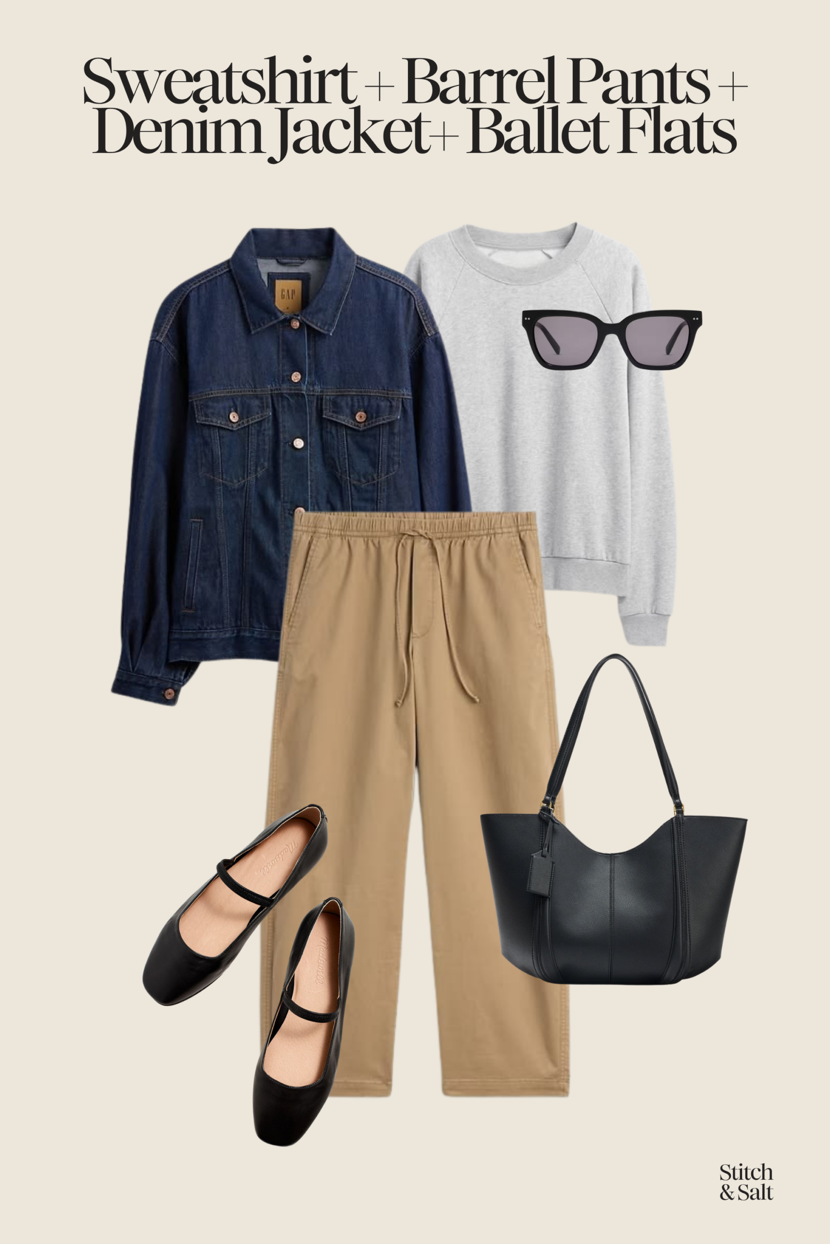 outfit for 50 degrees with a gray sweatshirt, denim jacket, tan drawstring barrel pants, and black mary jane ballet flats