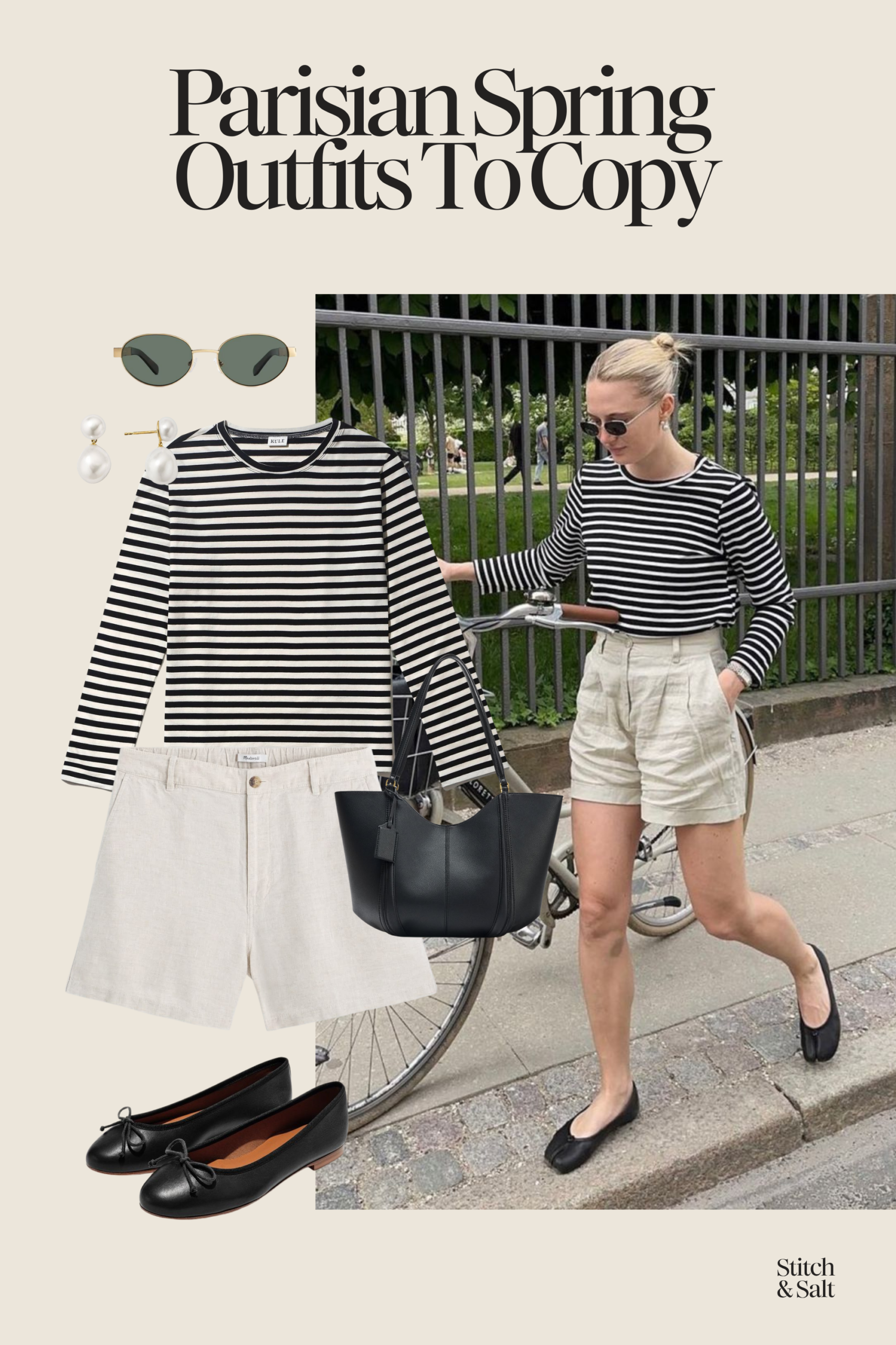 parisian spring outfit with a striped tee, linen shorts, and black ballet flats