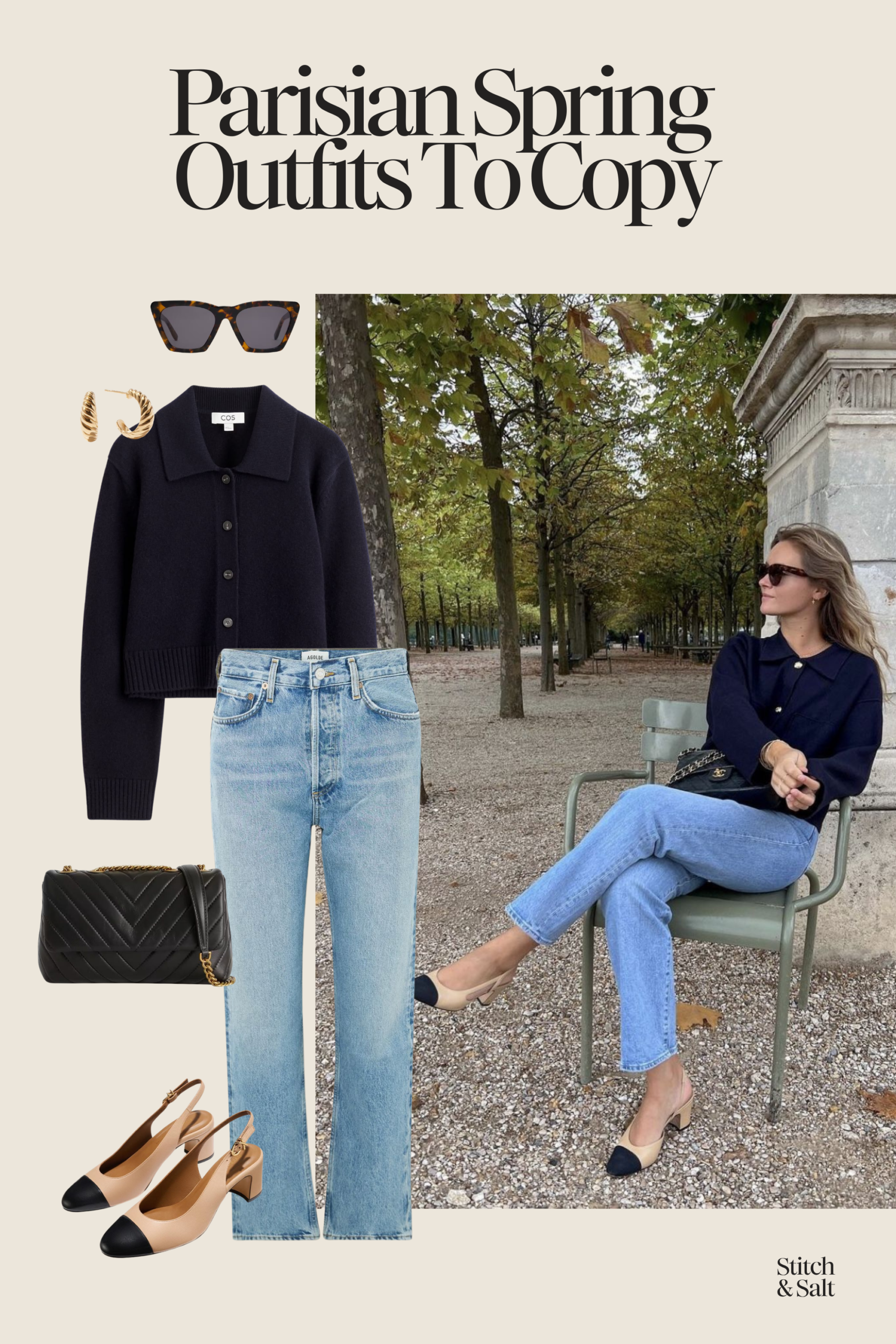 parisian chic spring outfit with a navy cardigan, light wash jeans, and cap toe slingback heels
