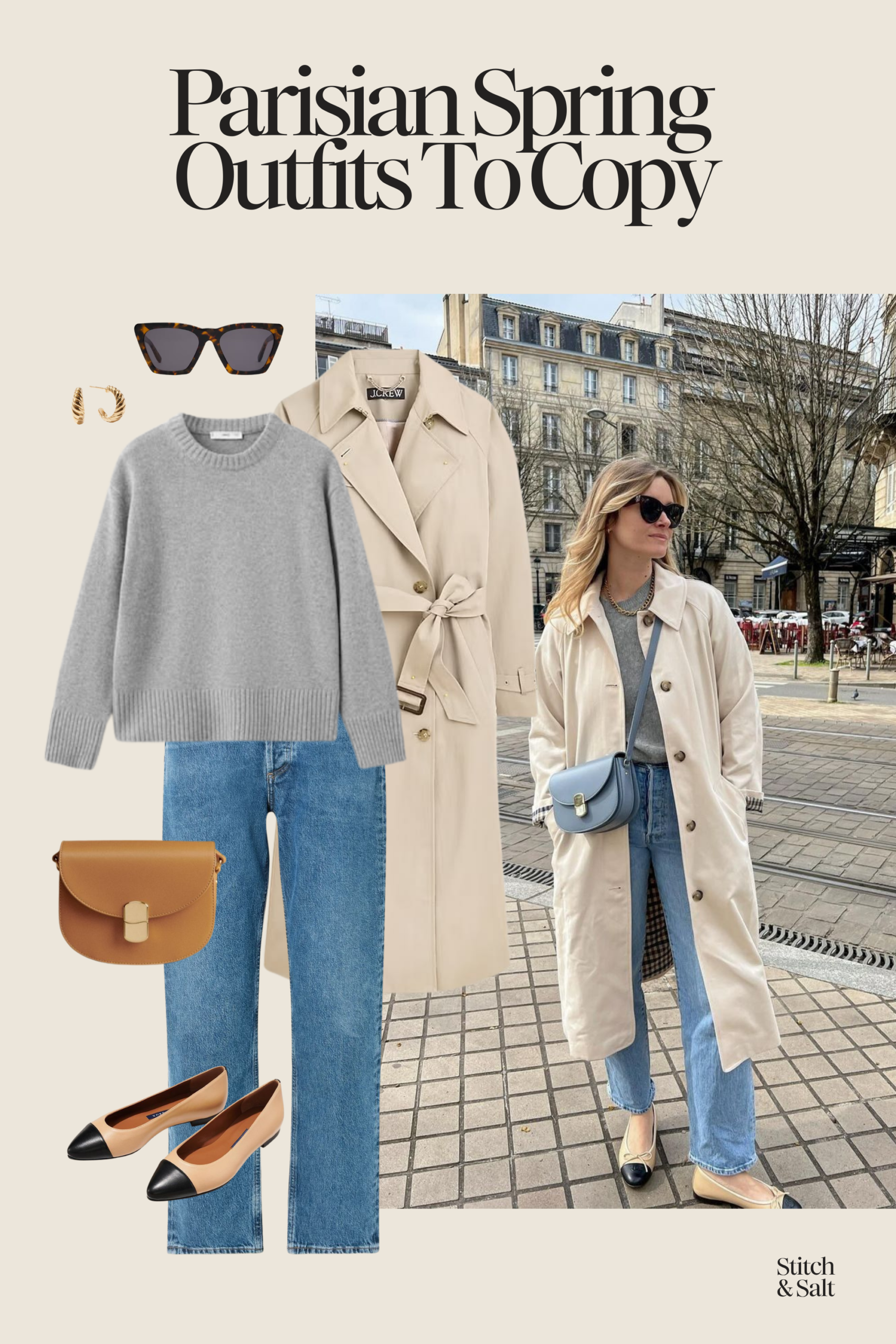 Parisian chic outfit with a gray sweater, beige trench coat, straight leg jeans, and cap toe ballet flats