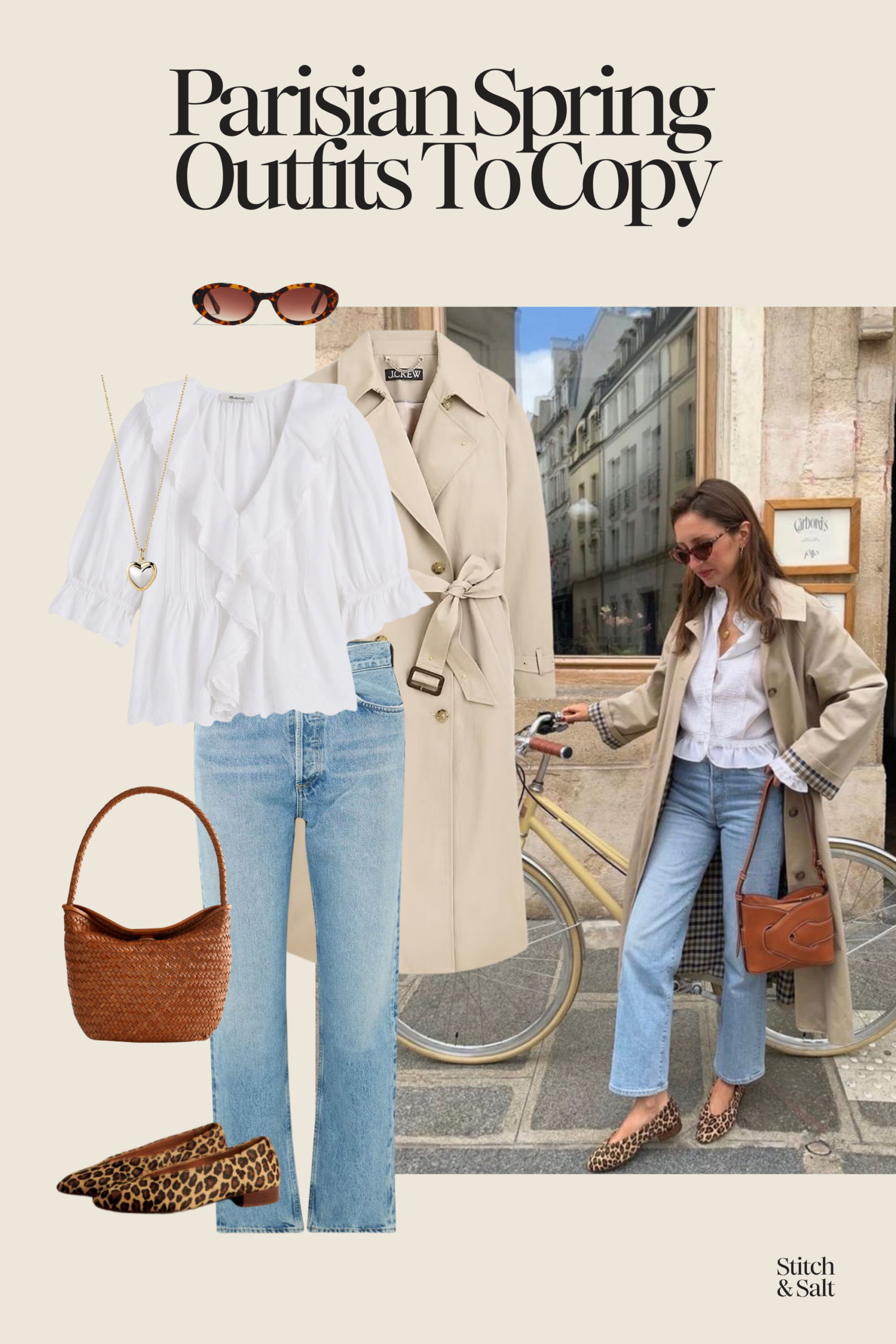 chic Parisian spring outfit with a white blouse, trench coat, light wash jeans, leopard print flats, and a brown shoulder bag