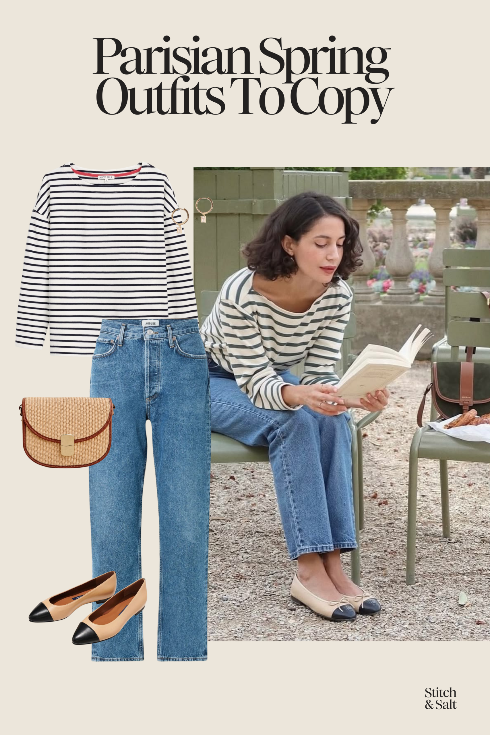 classic Parisian spring outfit with a striped shirt, medium wash jeans, and Chanel cap toe ballet flats