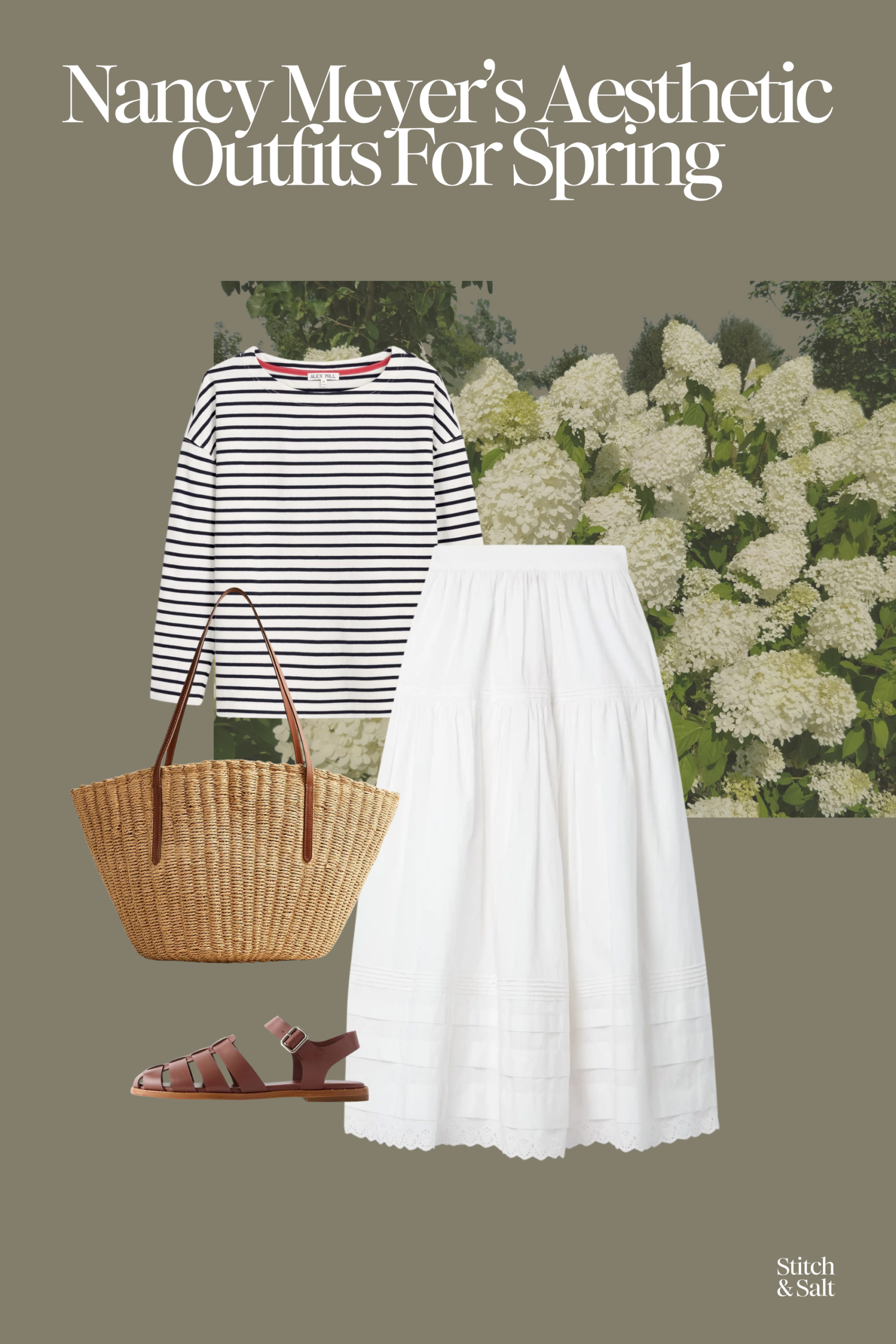 nancy meyer's aesthetic outfit with a striped shirt, long white skirt, and fisherman sandals