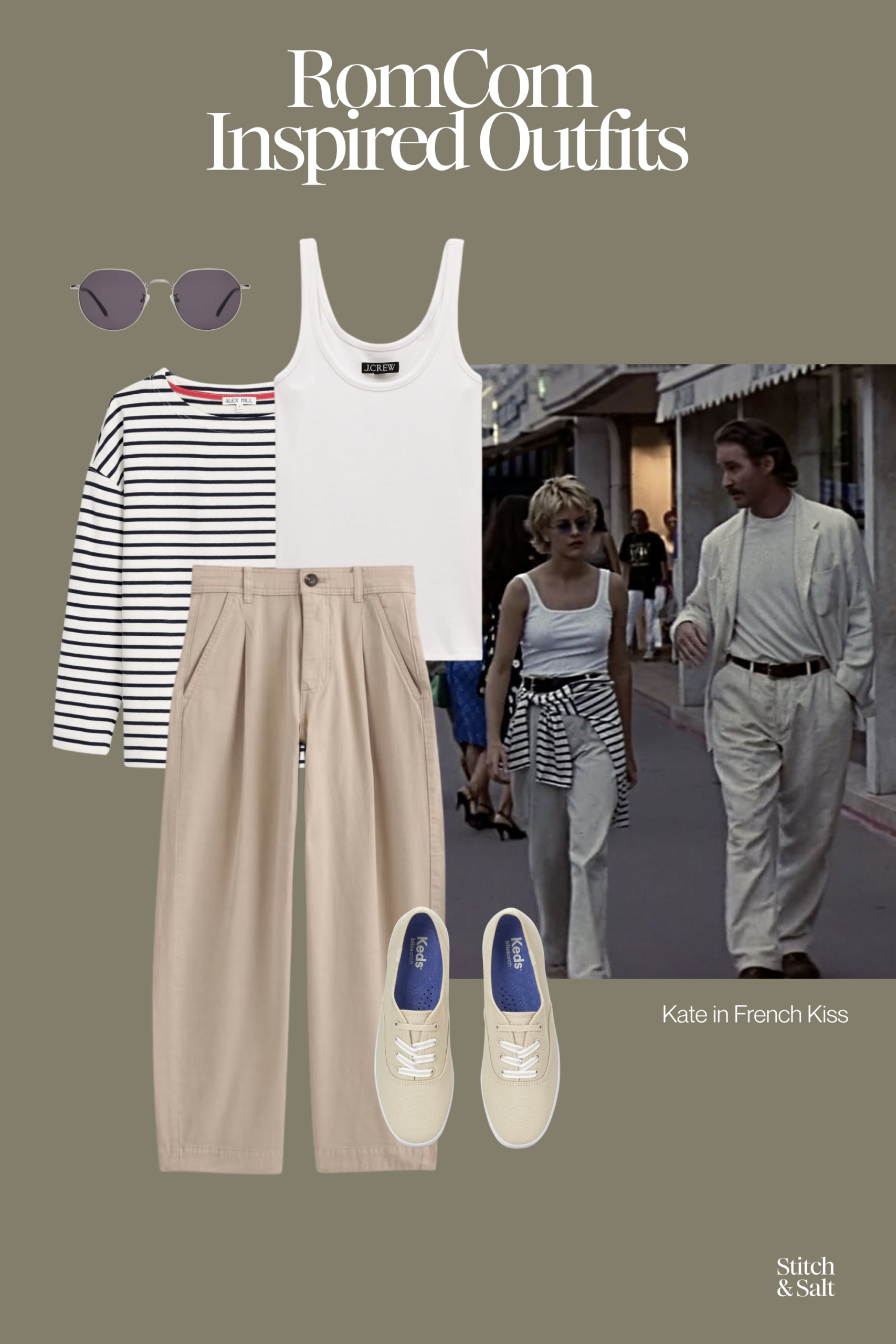 romcom inspired outfit, meg ryan in French kiss wearing a white tank, khakis, and a striped tee tied around the waist. 