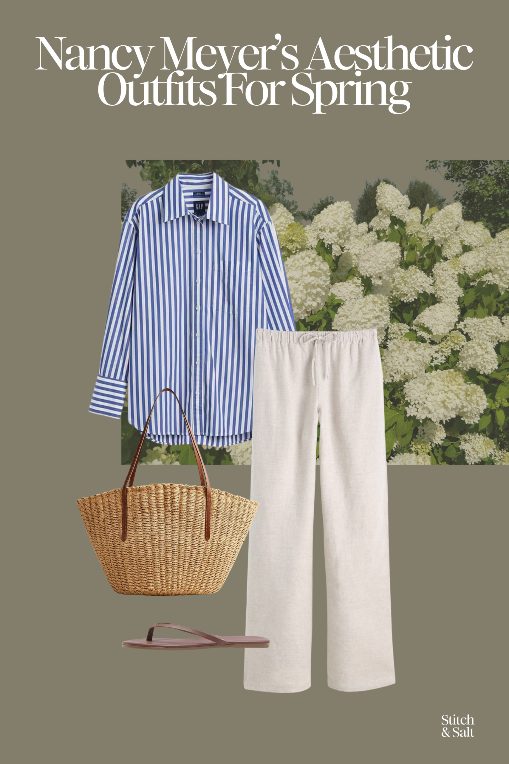 nancy meyer's aesthetic spring outfit with a blue and white striped button down shirt, beige linen pants, leather sandals, and a woven straw bag