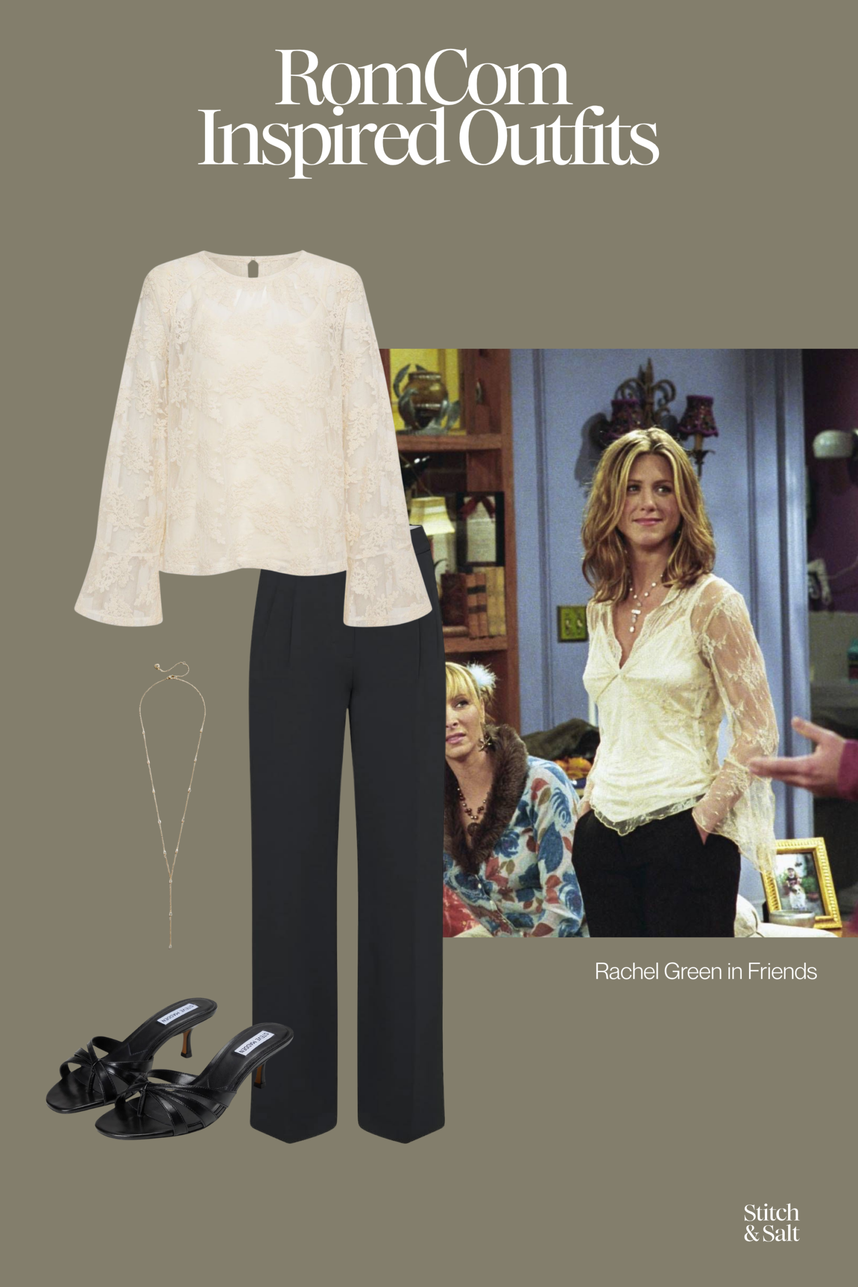 romcom inspired outfit from Rachel Green with a white lace shirt, black pants, and heeled sandals