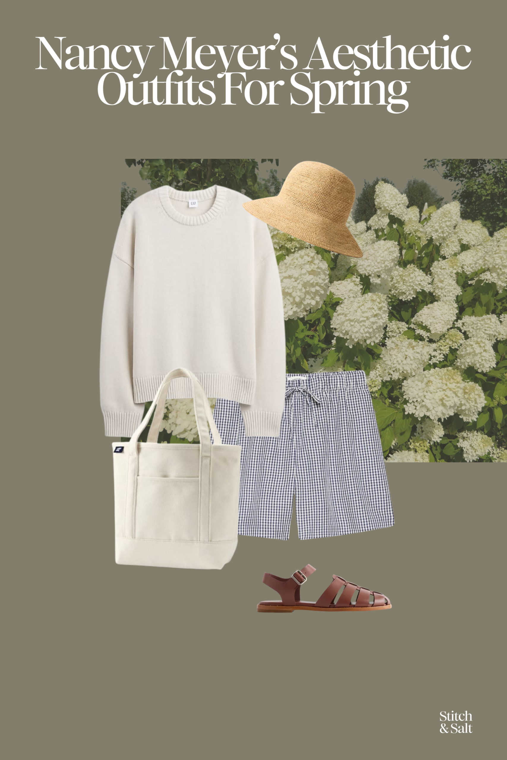 nancy meyer's aesthetic outfits with a beige sweater, gingham linen shorts, brown leather fisherman sandals and a canvas bag