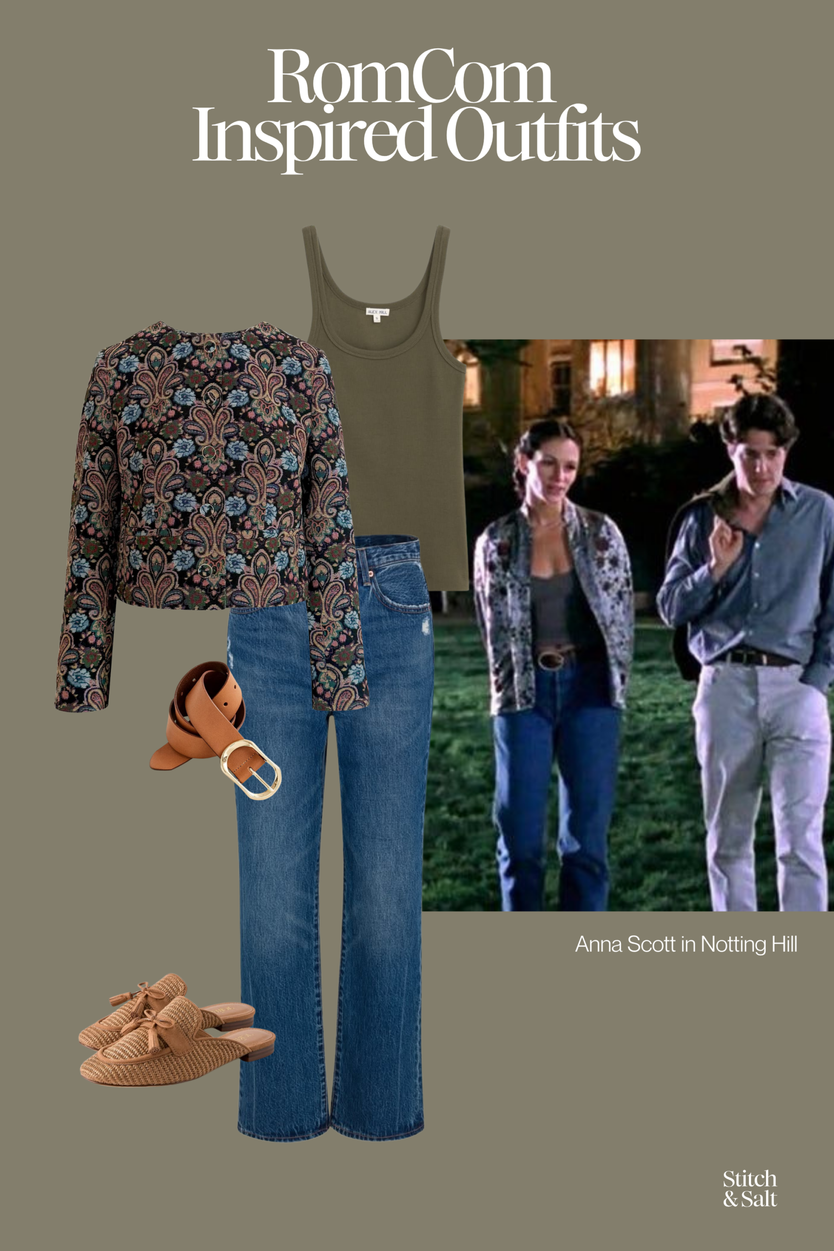 romcom inspired outfit for spring, Anna Scott in Notting Hill wearing a floral jacquard jacket and jeans