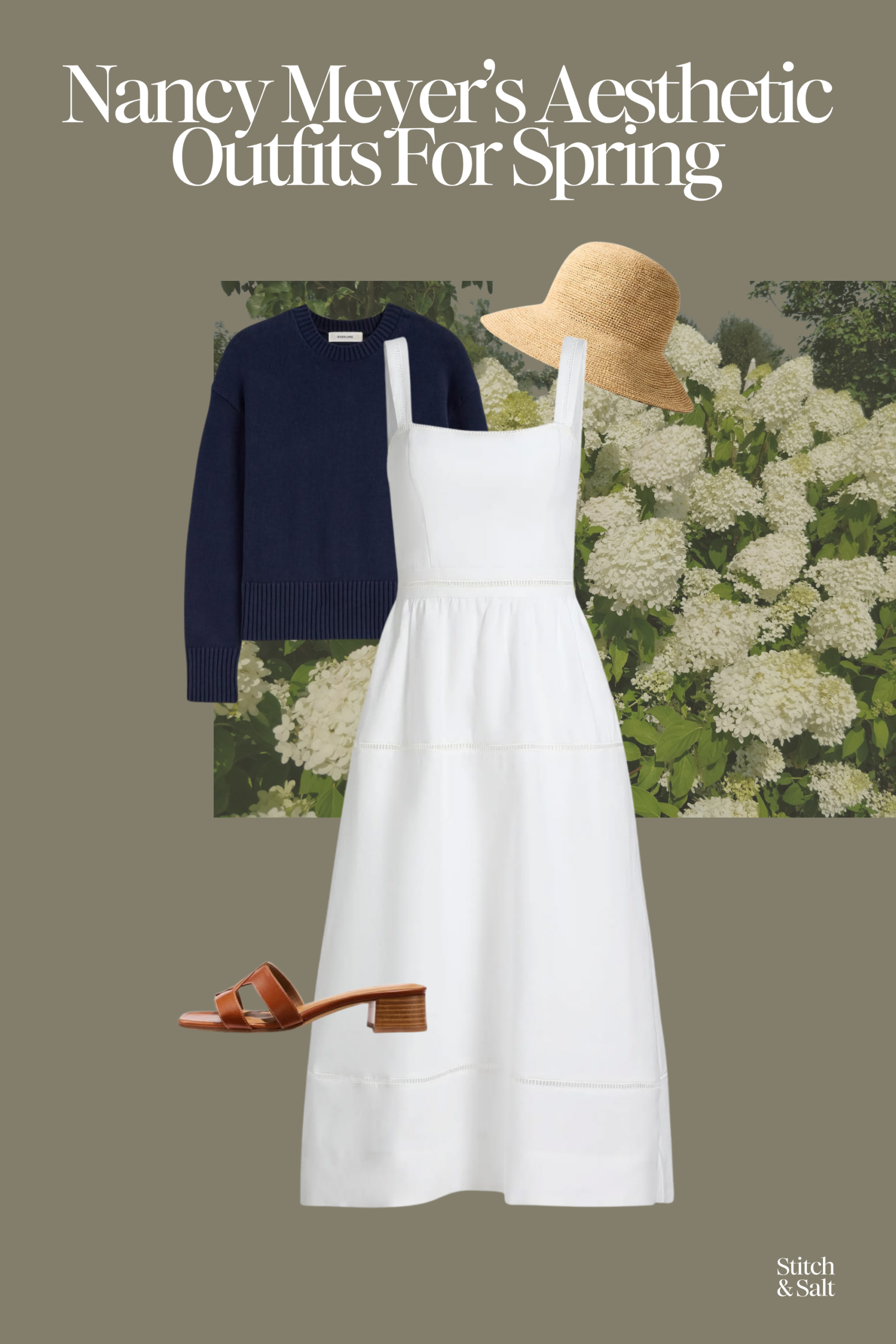 nancy meyer's aesthetic outfit with a white cotton midi dress, navy sweater, and brown leather heeled sandals