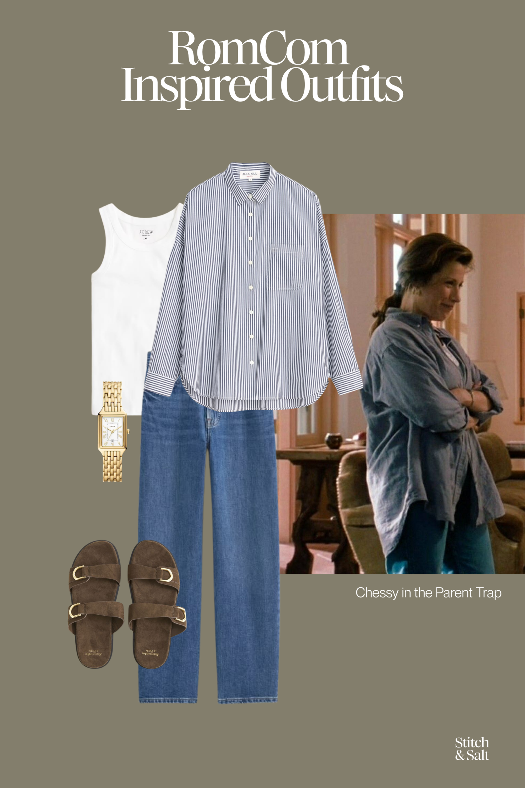 romcom inspired outfit, Chessy in The Parent Trap wearing a white tank, oversized blue button down, and jeans