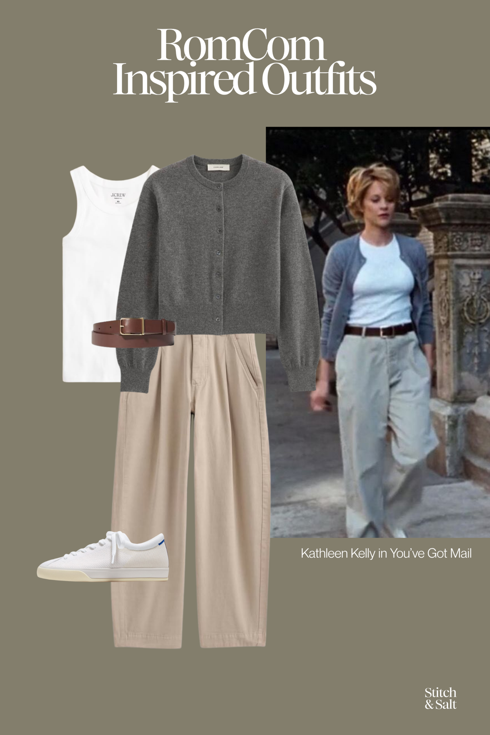romcom inspired outfit from Kathleen Kelly in You've Got Mail, Meg Ryan wearing a white tee, gray cardigan, khakis, and white sneakers