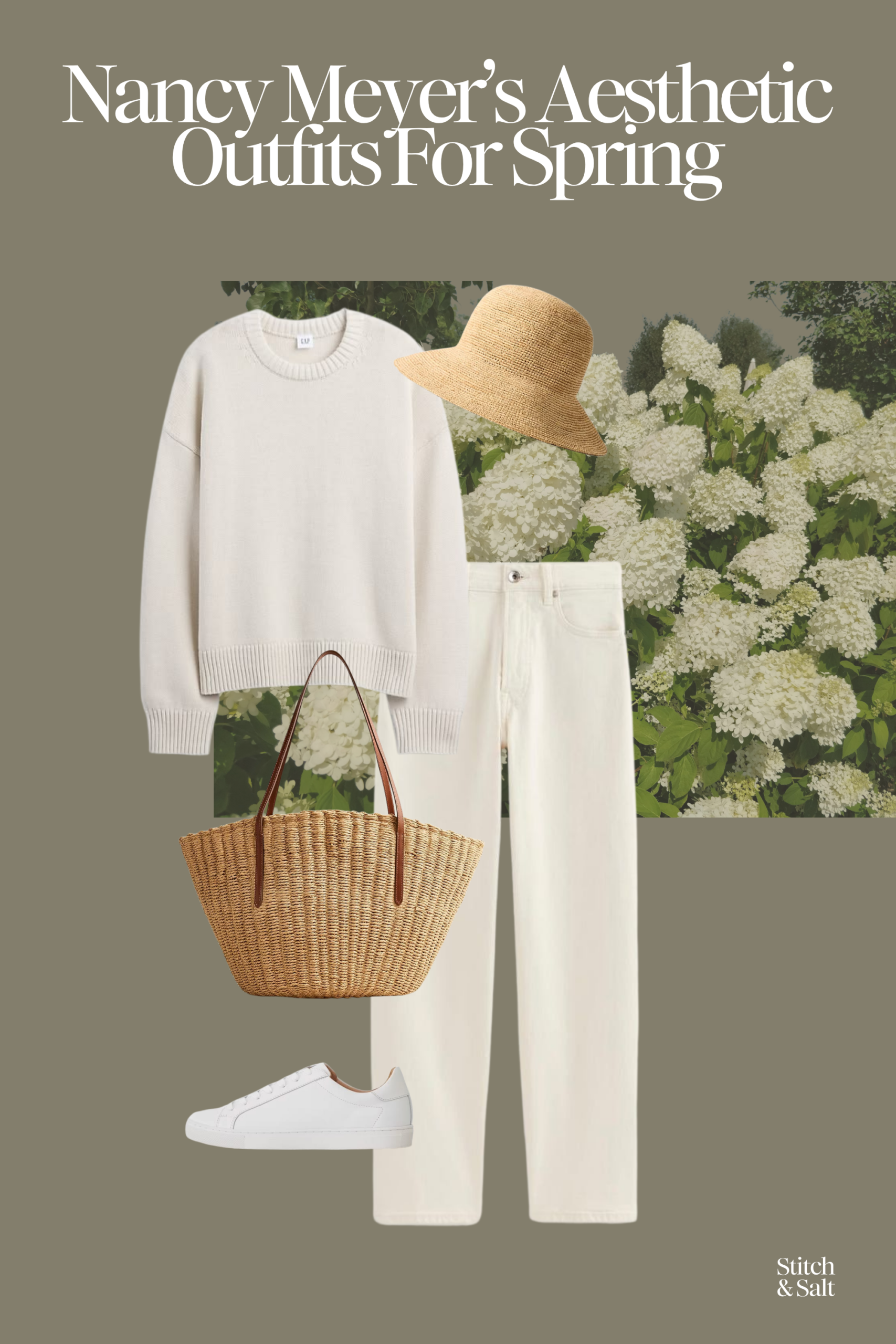 nancy meyer's aesthetic outfit for spring with a beige sweater, white jeans, white sneakers, and a woven straw tote bag