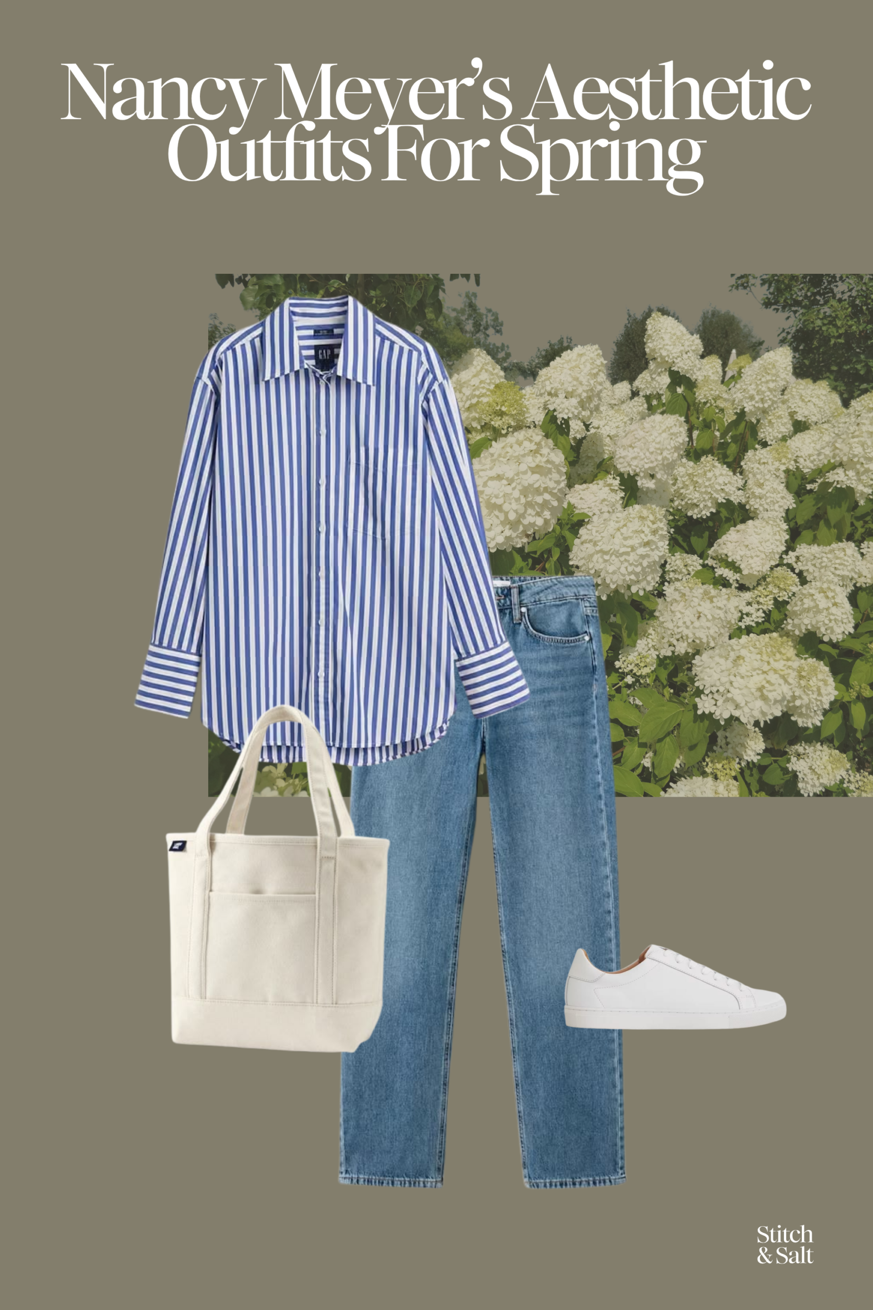 nancy meyer's spring outfit with a blue and white striped button down, medium wash straight jeans, white sneakers, and a canvas bag