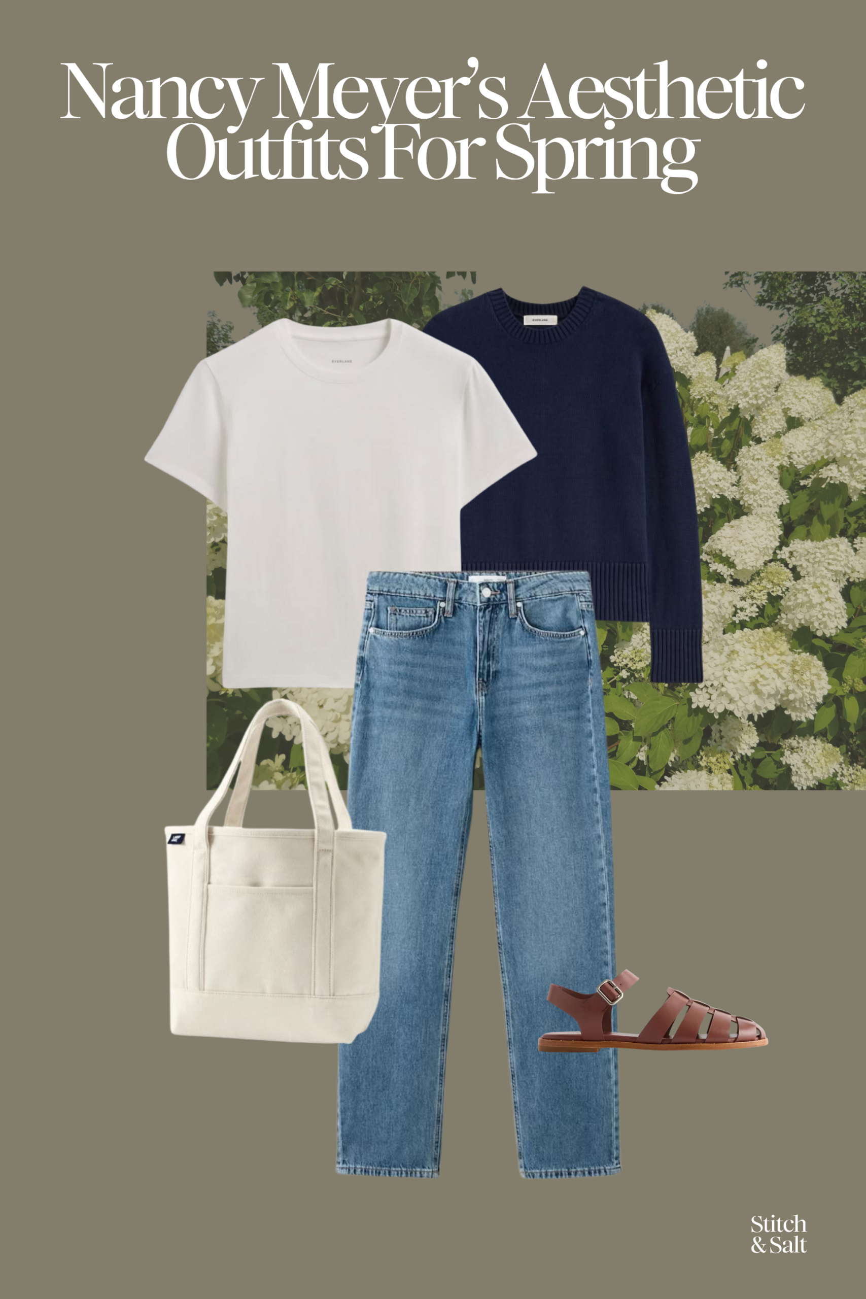 nancy meyer's aesthetic outfit for spring with a white tee, navy cotton sweater, medium wash jeans, and fisherman sandals