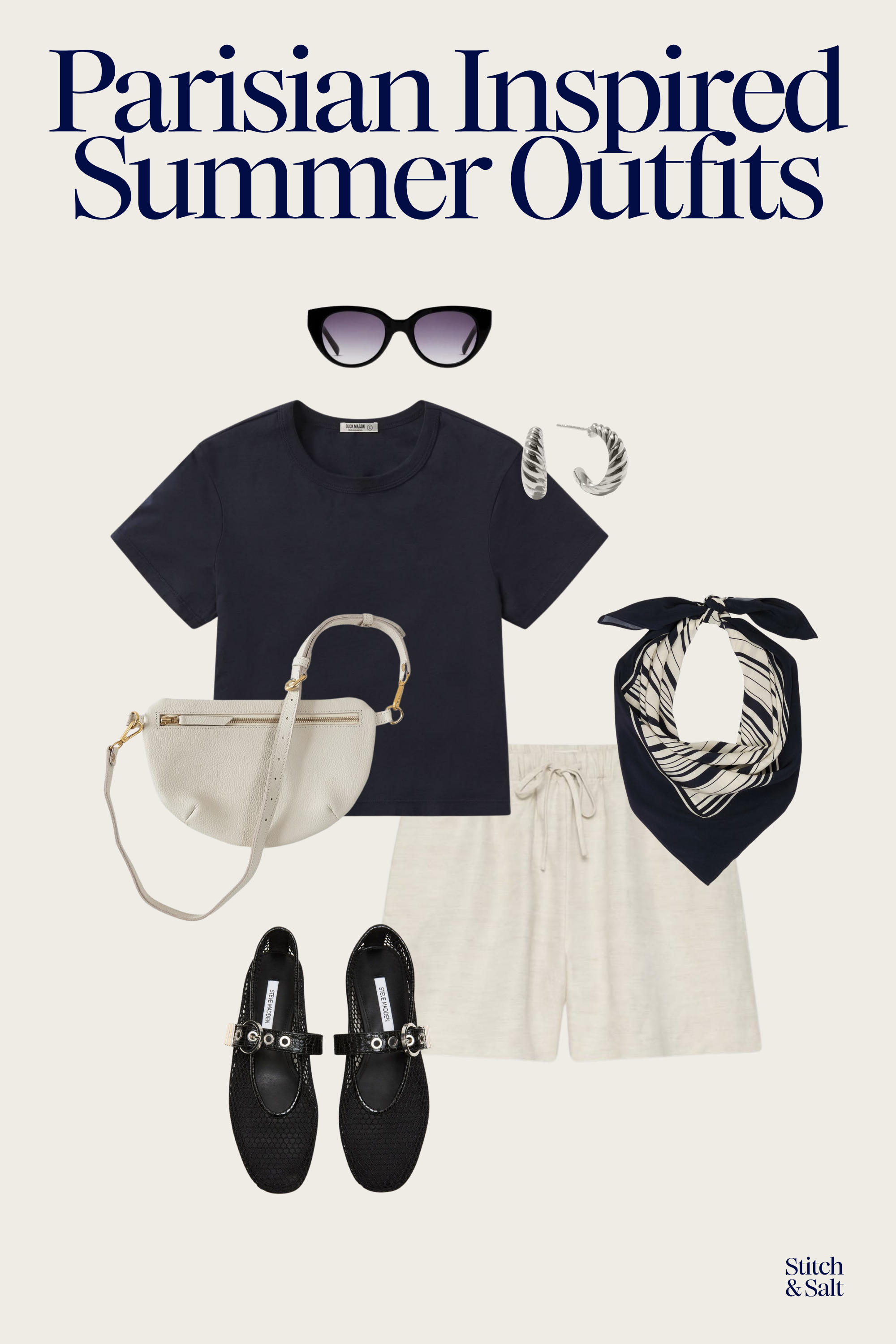 Parisian inspired summer outfit with a navy tee, beige linen shorts, black mesh flats, a navy and white silk scarf, and a cream sling bag