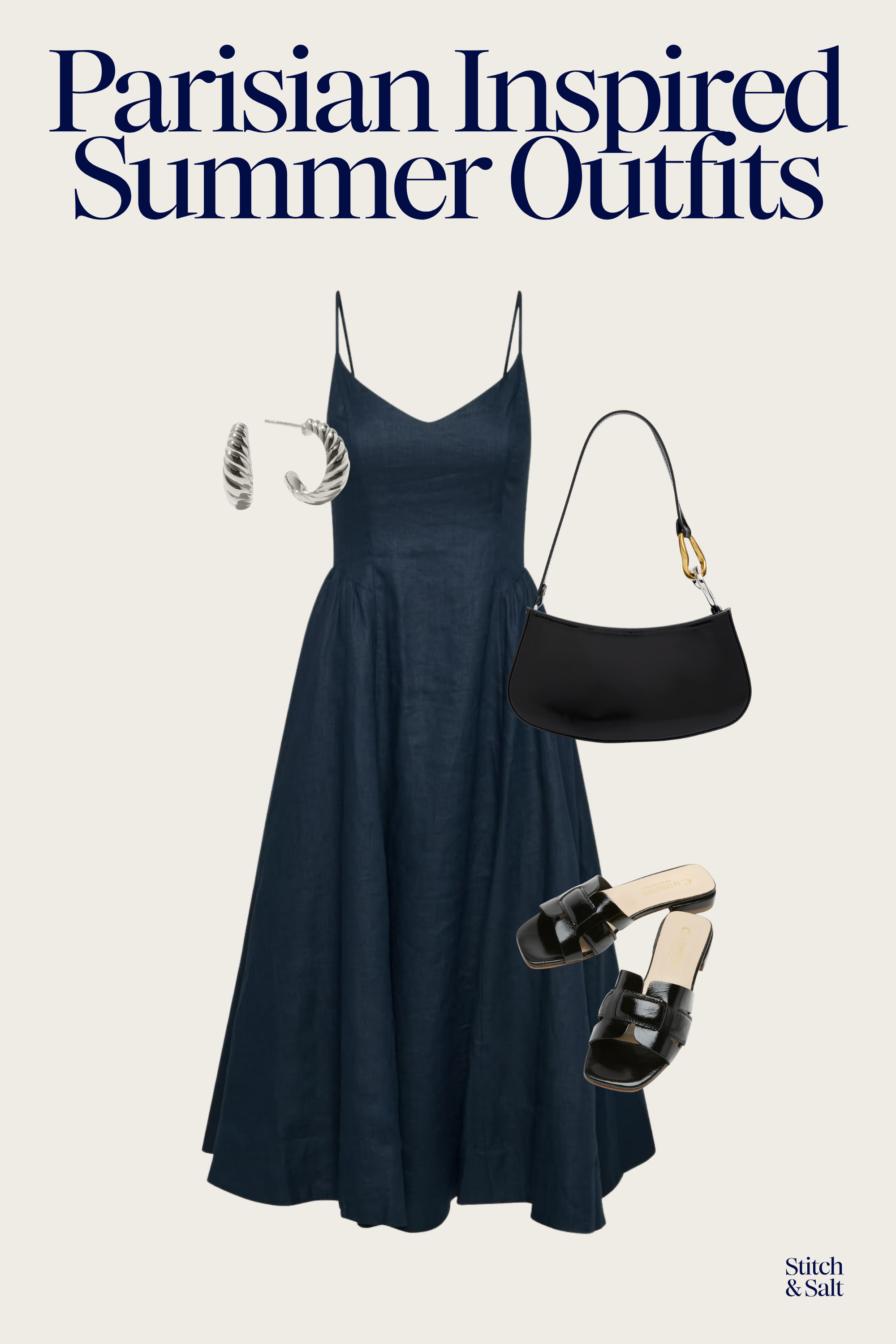 Parisian inspired dinner outfit with a navy mid dress, black slide sandals, and a black leather shoulder bag