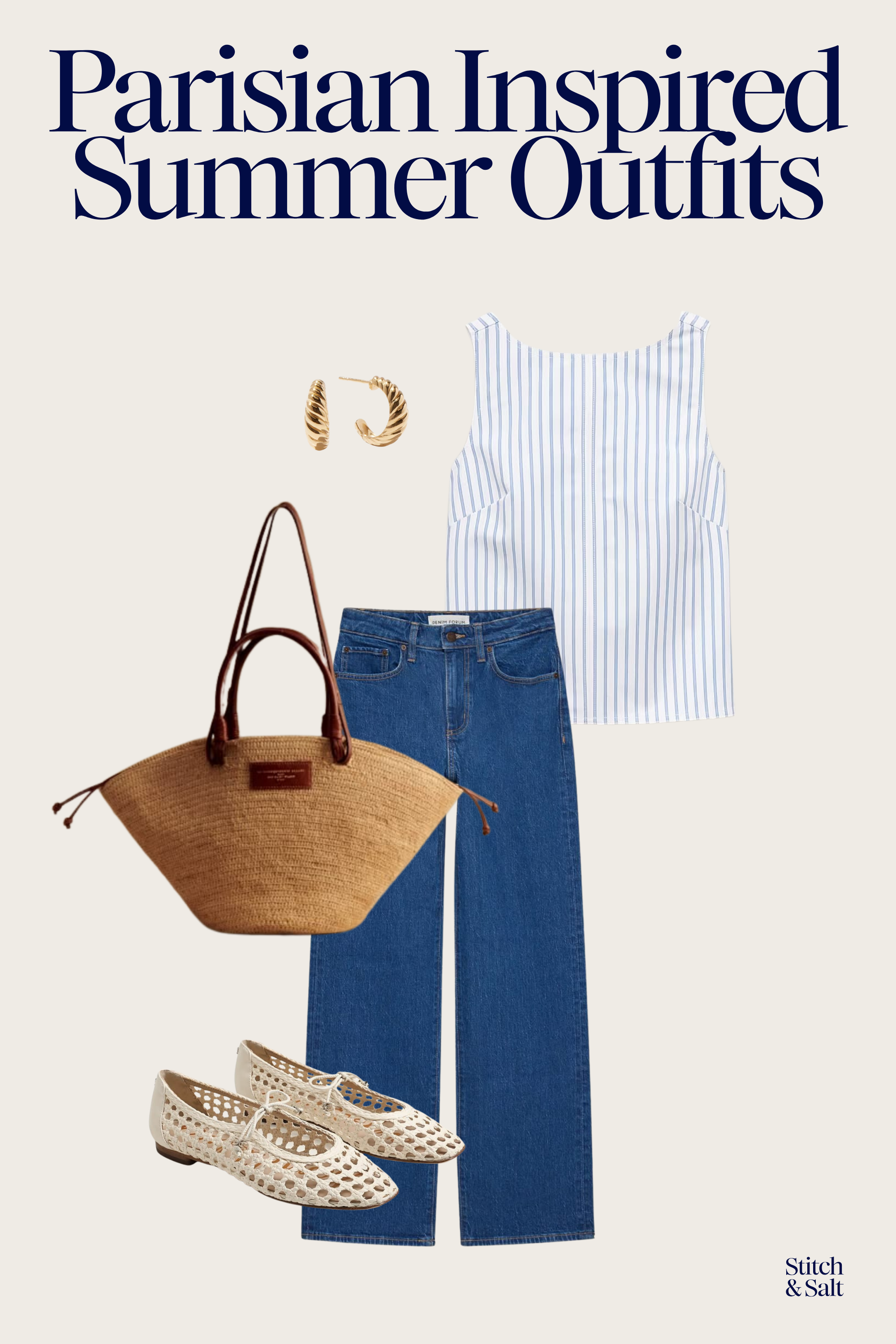 Parisian inspired look with a white and blue striped poplin top, medium wash wide leg jeans, mary jane woven flats in cream, and a basket bag