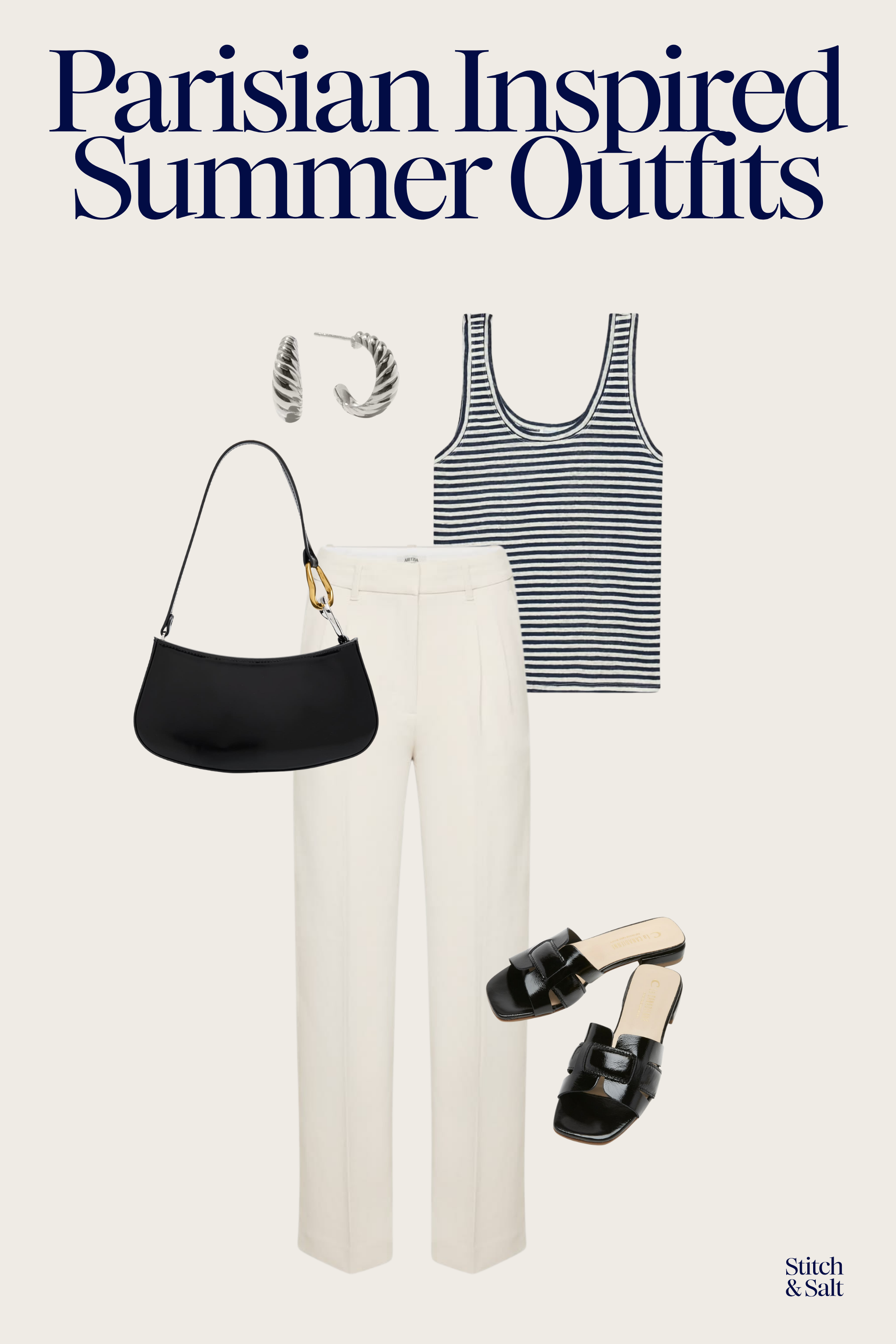 Parisian summer outfit with a navy and white striped linen tank, off white trousers, black slide sandals, and a black shoulder bag