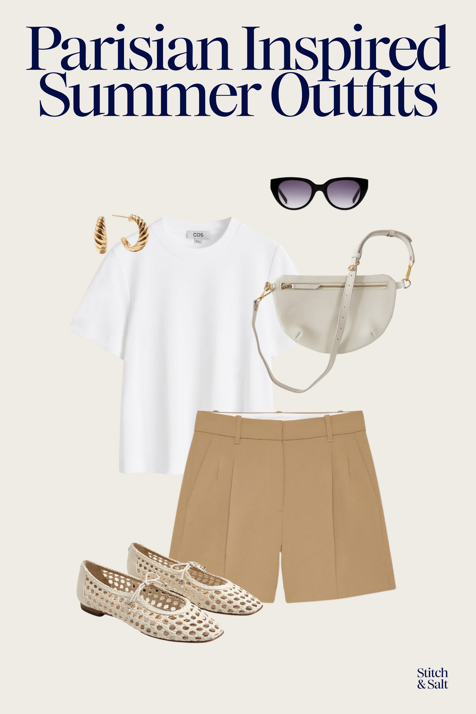 Parisian inspired summer outfit with a white tee, tan tailored trousers, cream colored woven mary jane flats and a cream leather sling bag