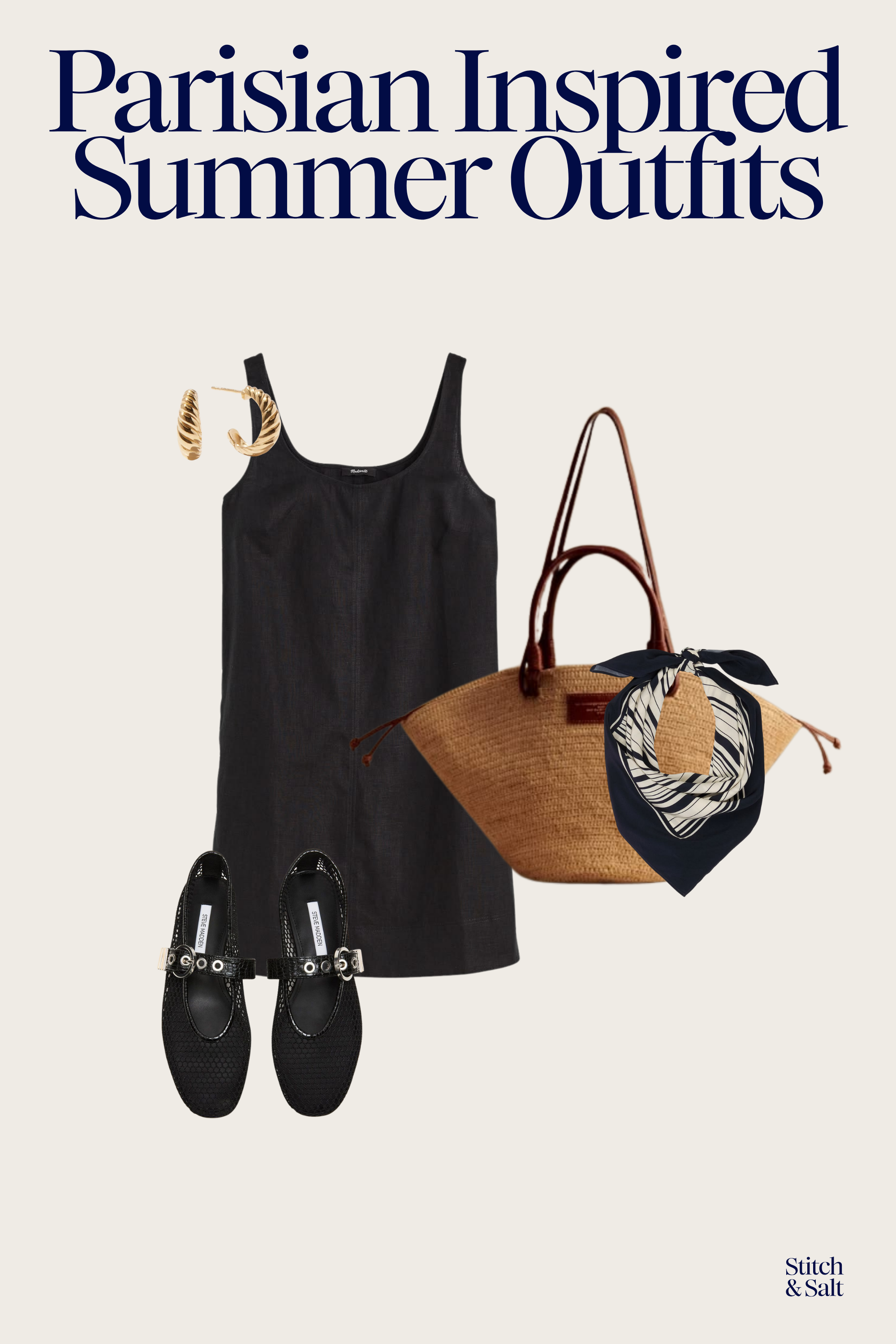 Parisian summer dinner outfit with a black linen mini dress, black mesh flats, basket bag