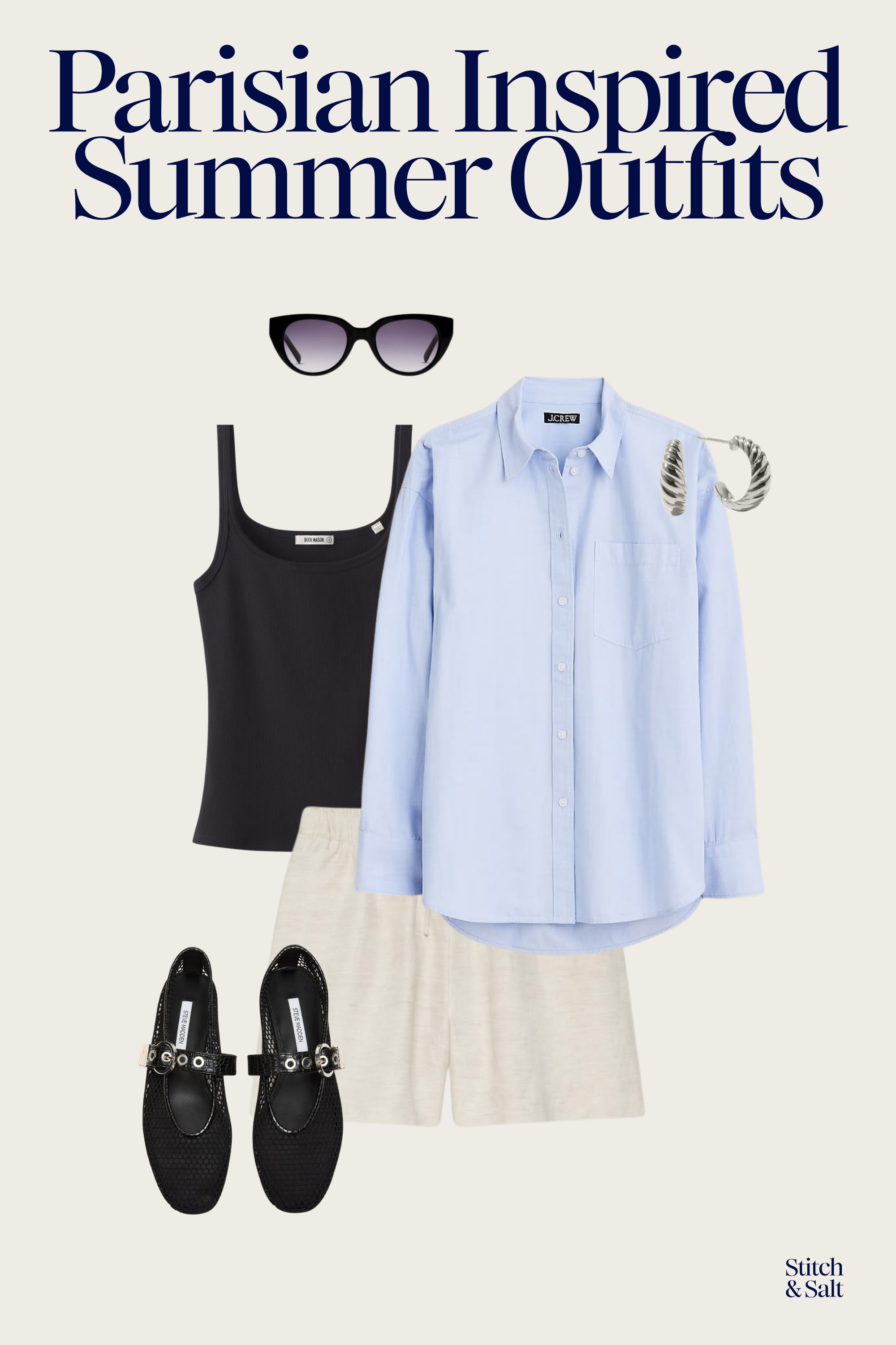 Parisian summer outfit with a black tank layered under a blue button down, beige linen shorts, and black mesh flats