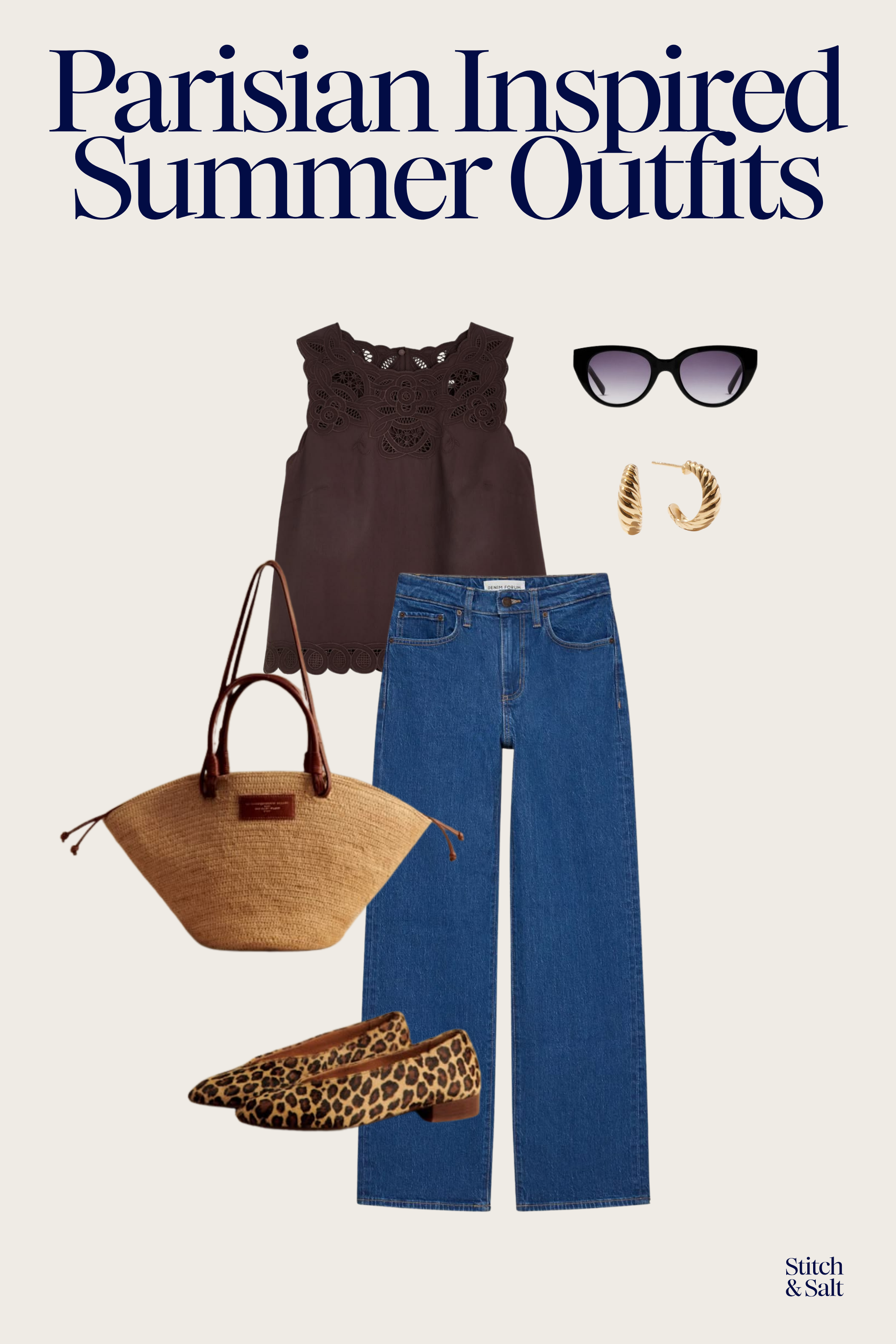 Parisian summer outfit with a brown eyelet tank, medium wash wide leg jeans, leopard print ballet flats, and a basket bag